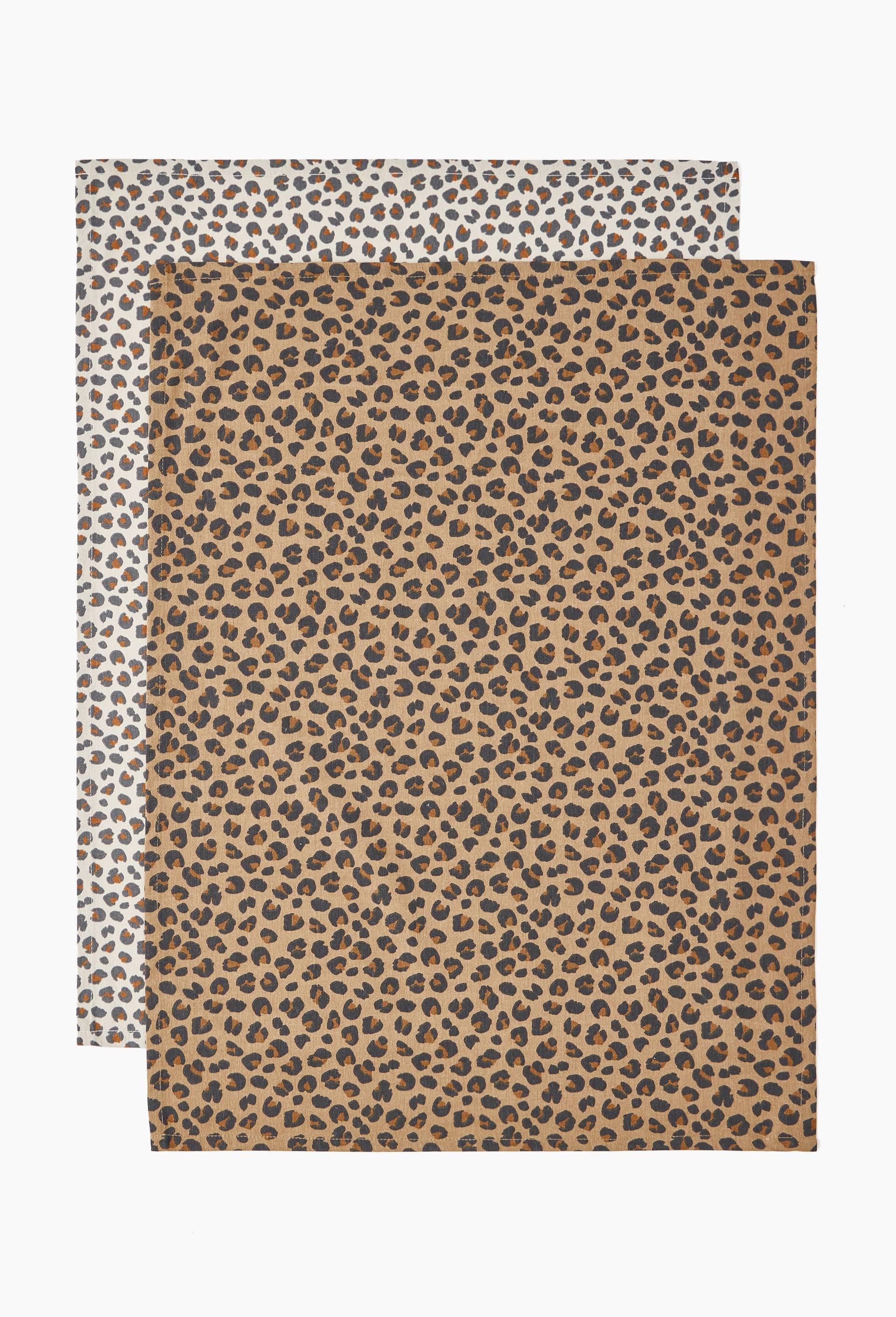 Lot de 2 torchons imprim&eacute; l&eacute;opard, 50x70cm, 100% coton recycl&eacute;, Ecru, large image number 1