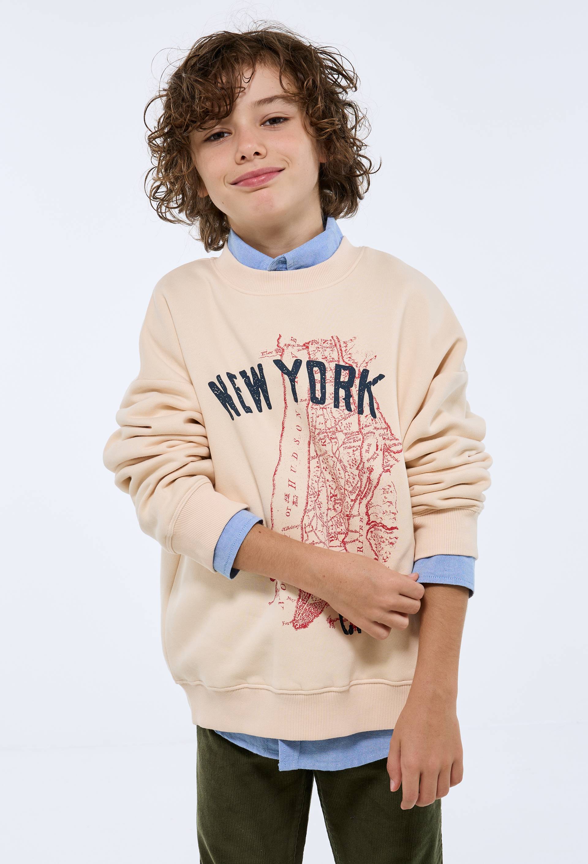 Sweat col rond imprim&eacute; en coton BIO GOTS, Beige clair, large image number 0