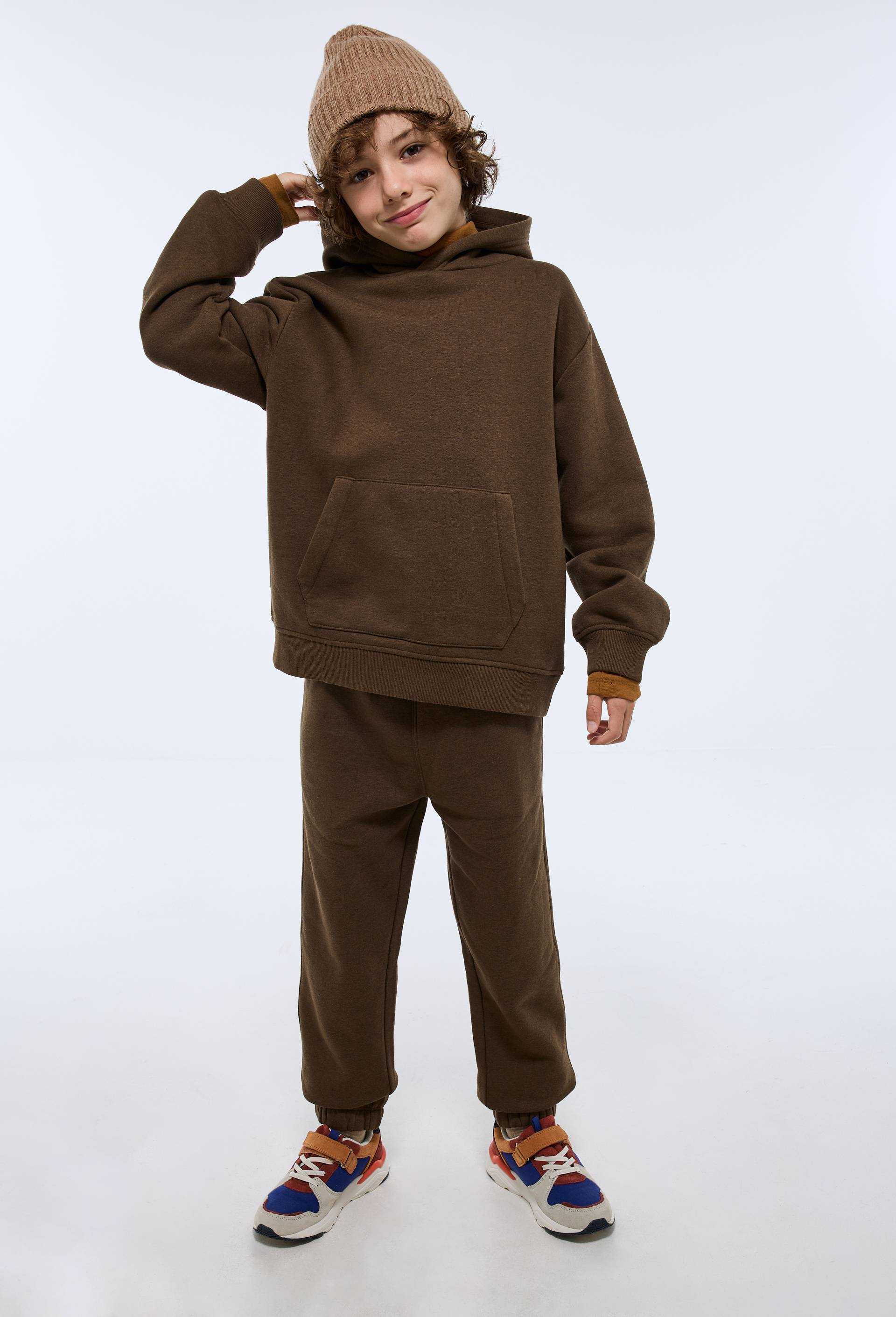 Set sweat &agrave; capuche et jogging uni en coton BIO GOTS, Brun, large image number 0