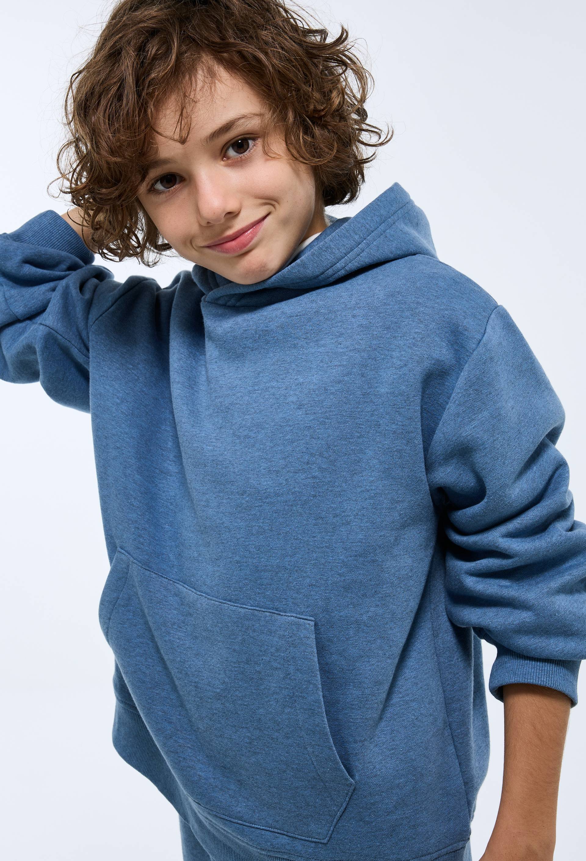 Set sweat &agrave; capuche et jogging uni en coton BIO GOTS, Bleu, large image number 0.0