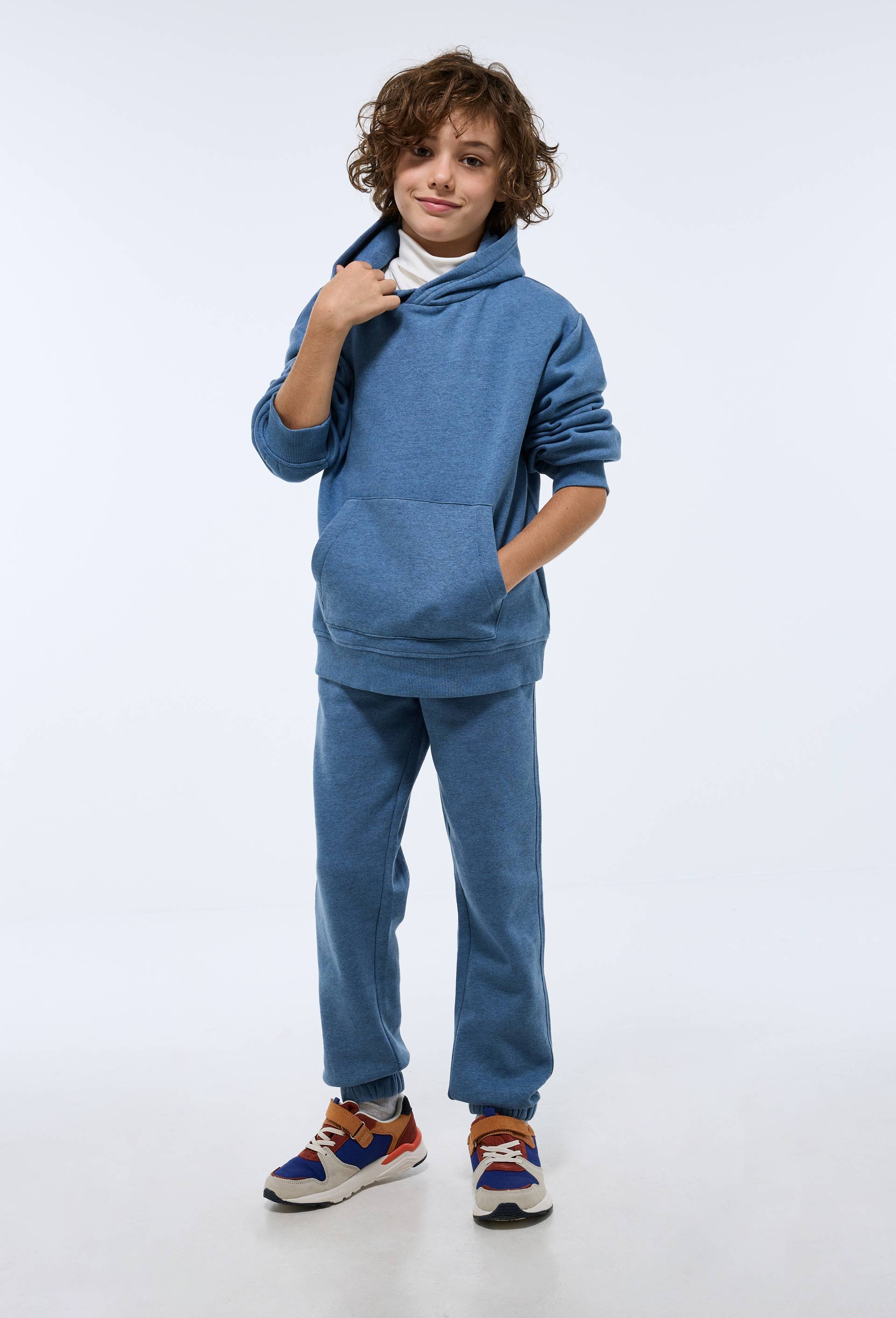 Set sweat &agrave; capuche et jogging uni en coton BIO GOTS, Bleu, large image number 1