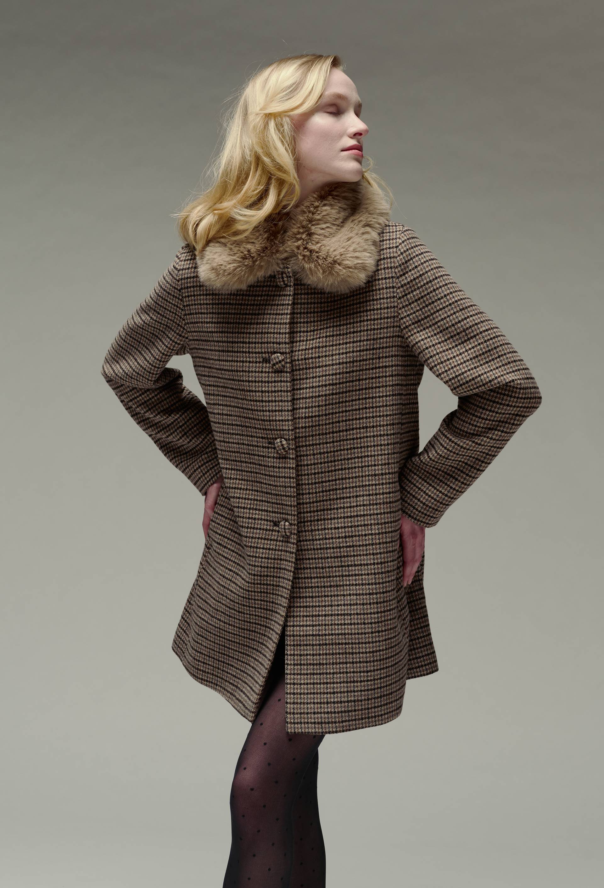 Manteau à carreaux avec col en fausse fourrure contenant de la laine BRUN CLAIR pour femme MONOPRIX