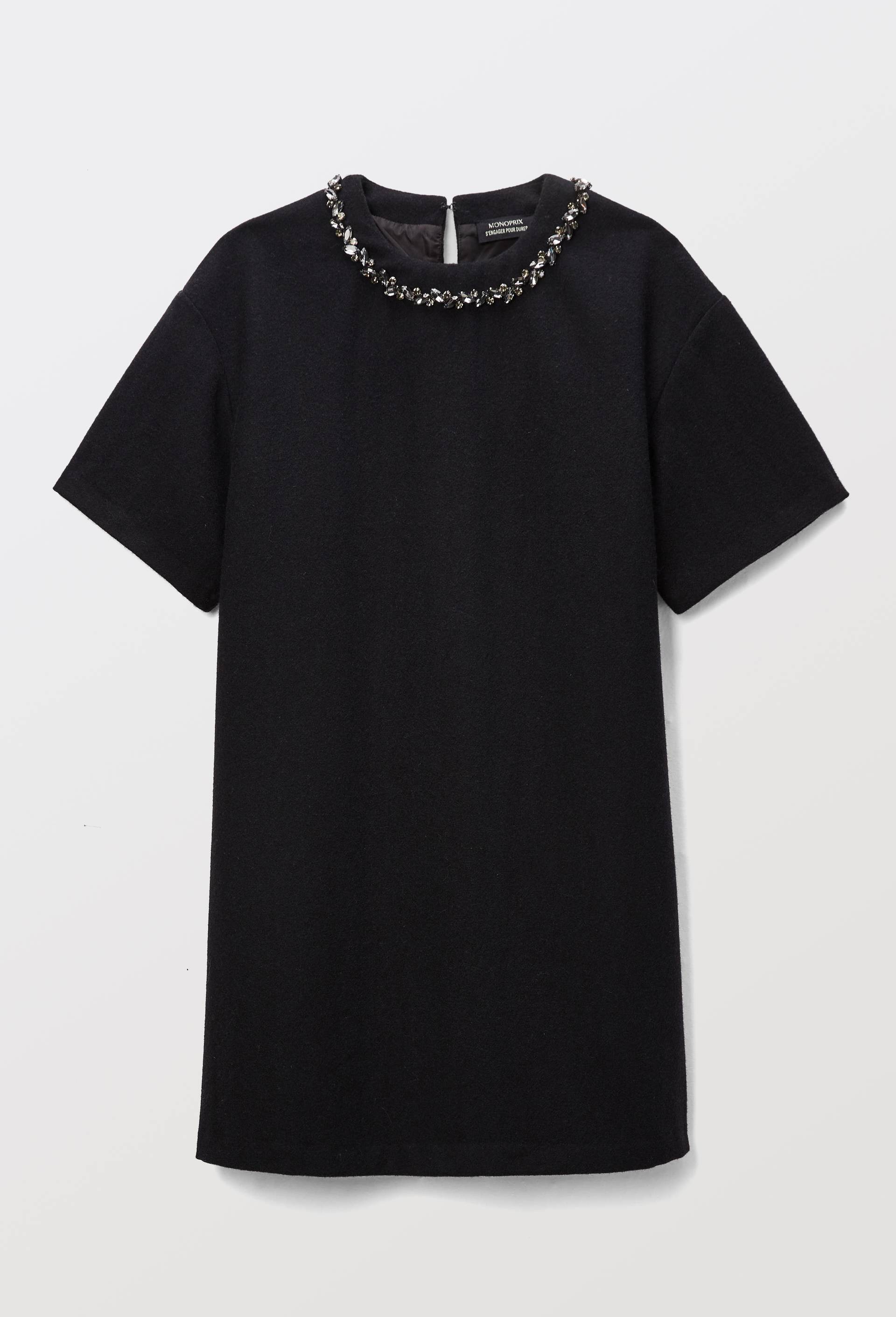 Robe courte avec bijoux au col contenant de la laine, Noir, large image number 2