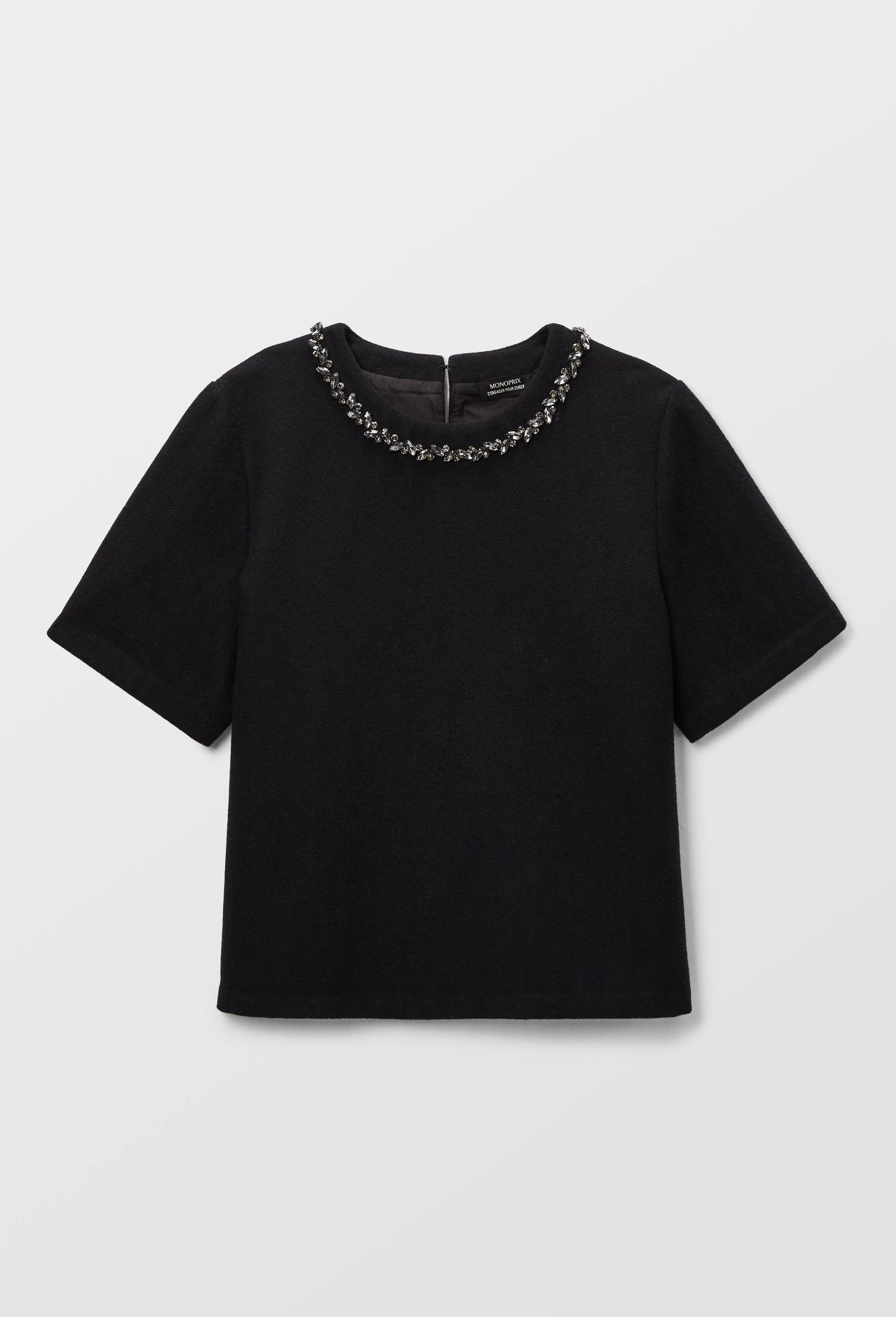 Top avec bijoux au col contenant de la laine, Noir, large image number 2