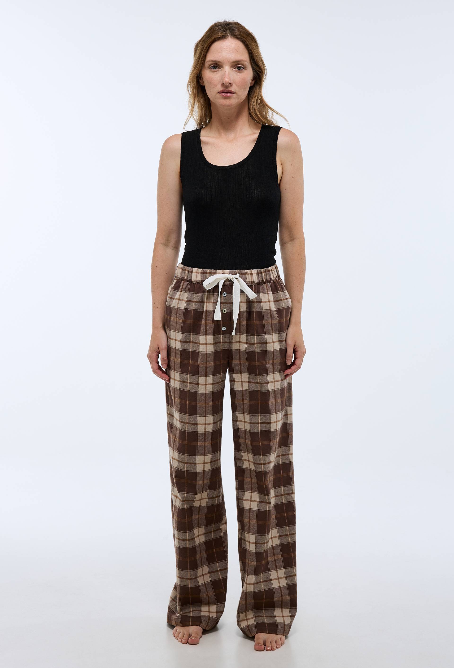 Pantalon &agrave; carreaux en coton gratt&eacute;, Brun fonc&eacute;, swatch image