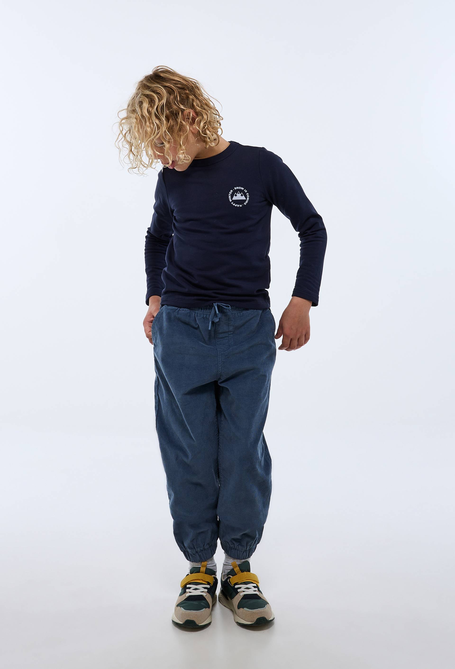 Pantalon taille &eacute;lastiqu&eacute;e en velours c&ocirc;tel&eacute; en coton, Bleu fonc&eacute;, swatch image