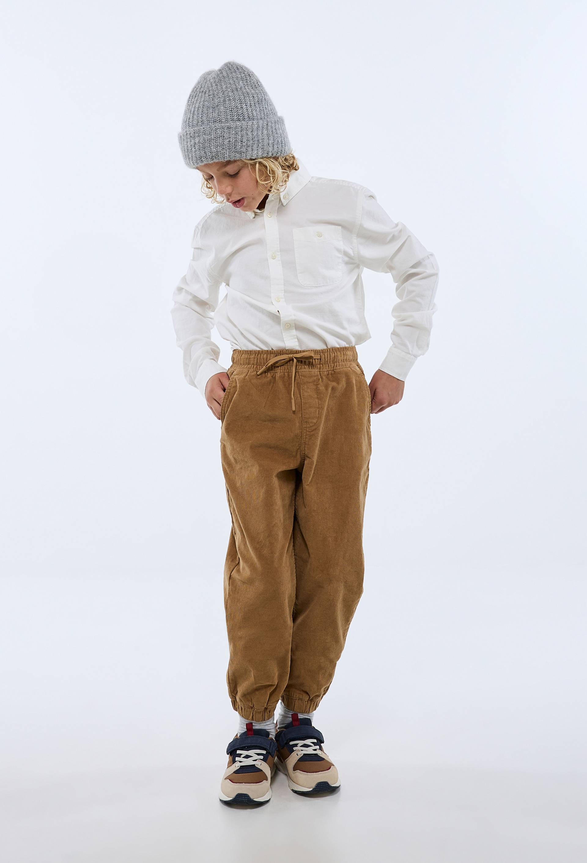 Pantalon taille &eacute;lastiqu&eacute;e en velours c&ocirc;tel&eacute; en coton, Or, swatch image