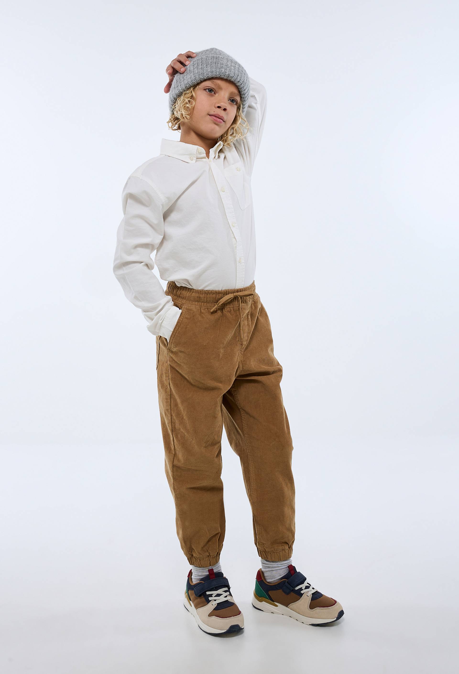 Pantalon taille &eacute;lastiqu&eacute;e en velours c&ocirc;tel&eacute; en coton, Or, large image number 1