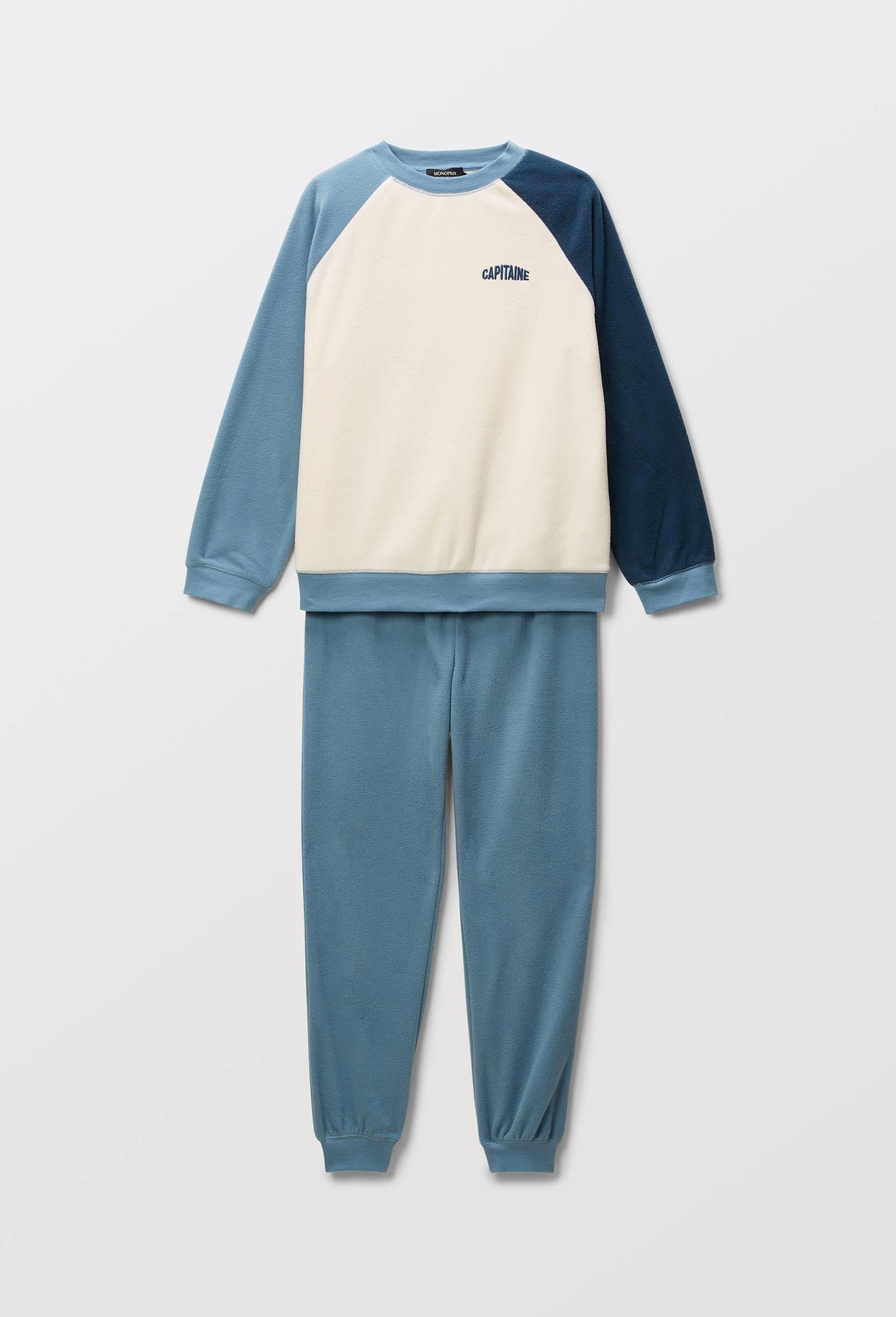 Pyjama polaire manches longues colorblock, Bleu, large image number 0.0