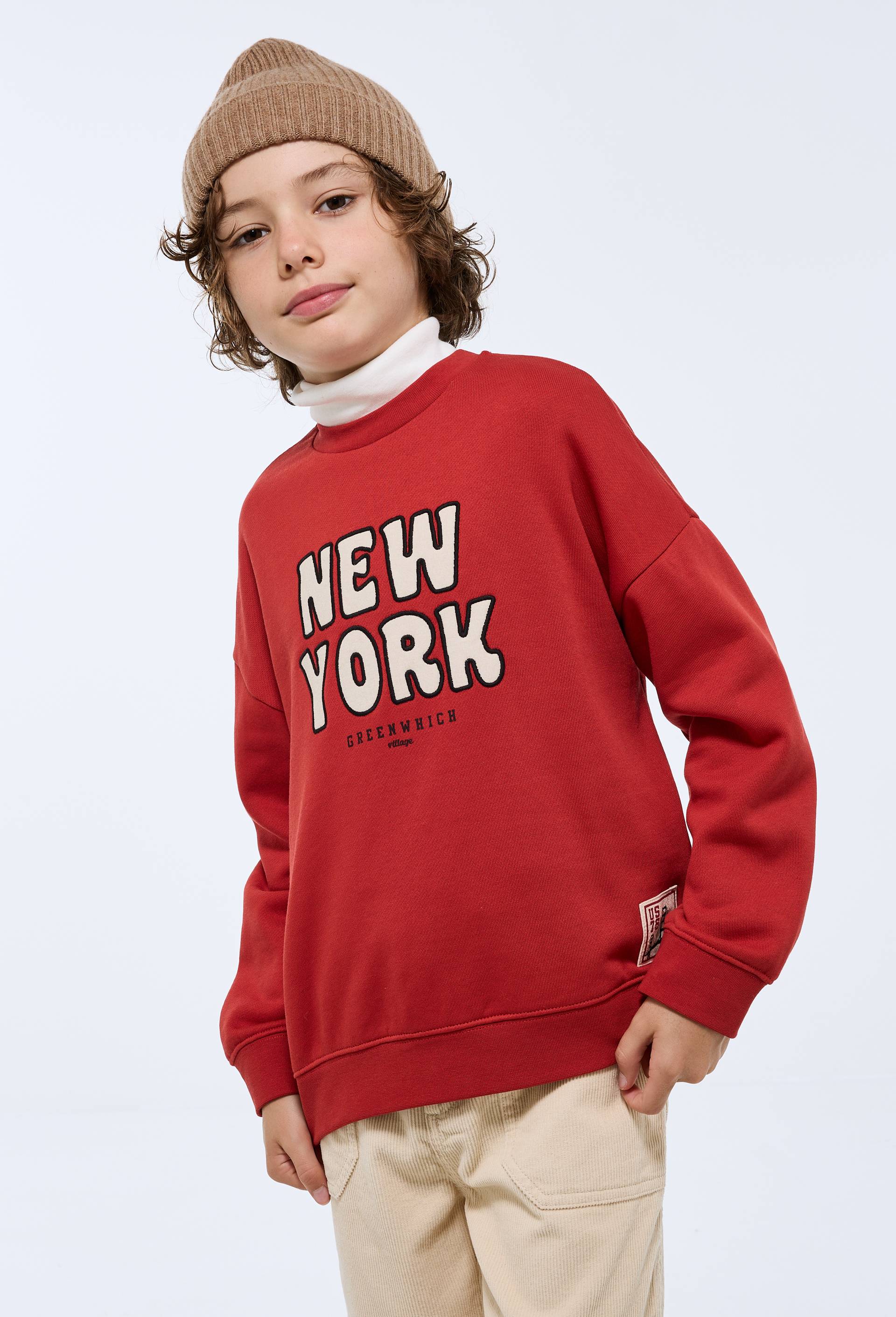 Sweat col rond imprim&eacute; en coton BIO GOTS, Orange fonc&eacute;, large image number 1