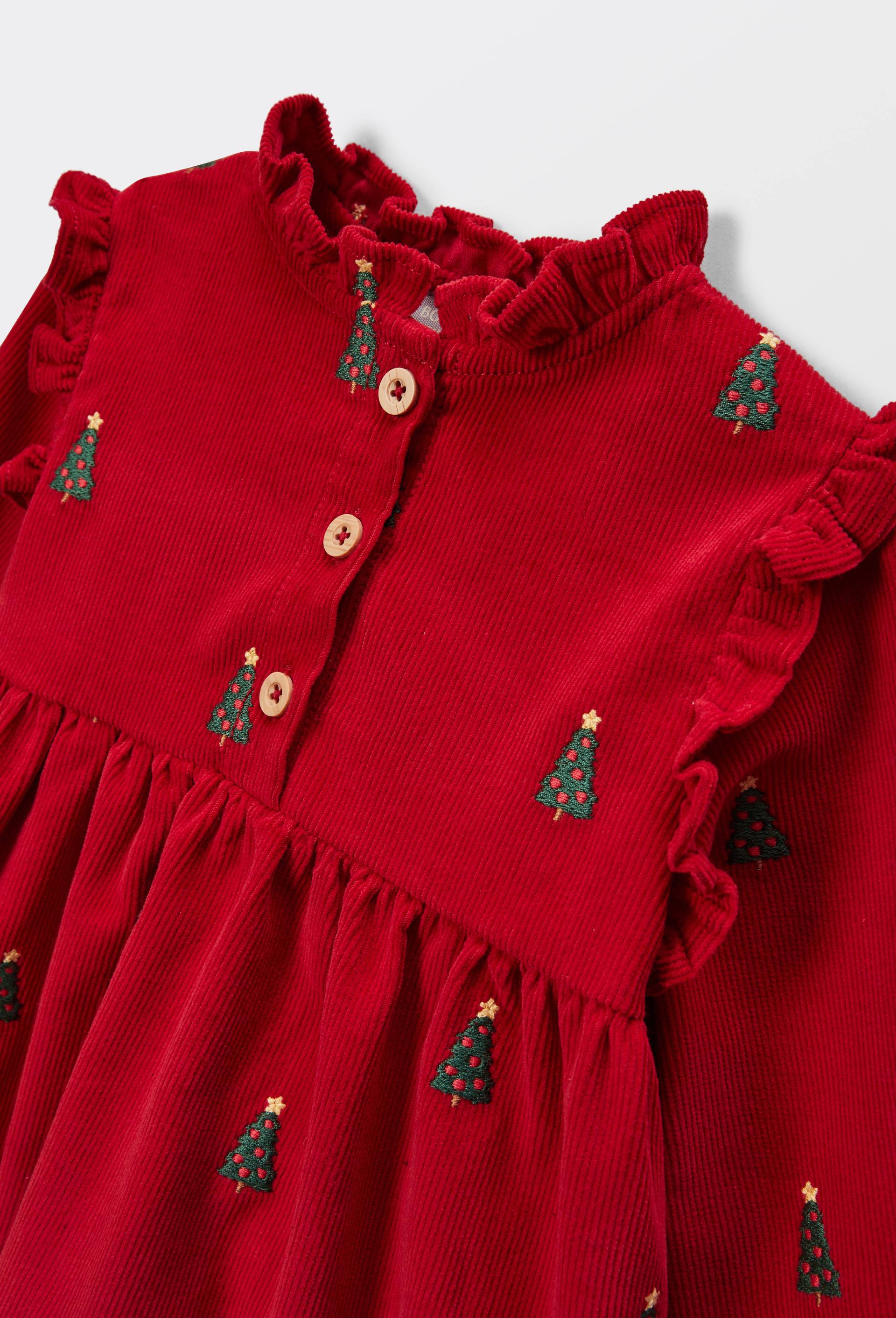 Robe brod&eacute;e en velours en coton BIO GOTS avec collant, Rouge, large image number 2