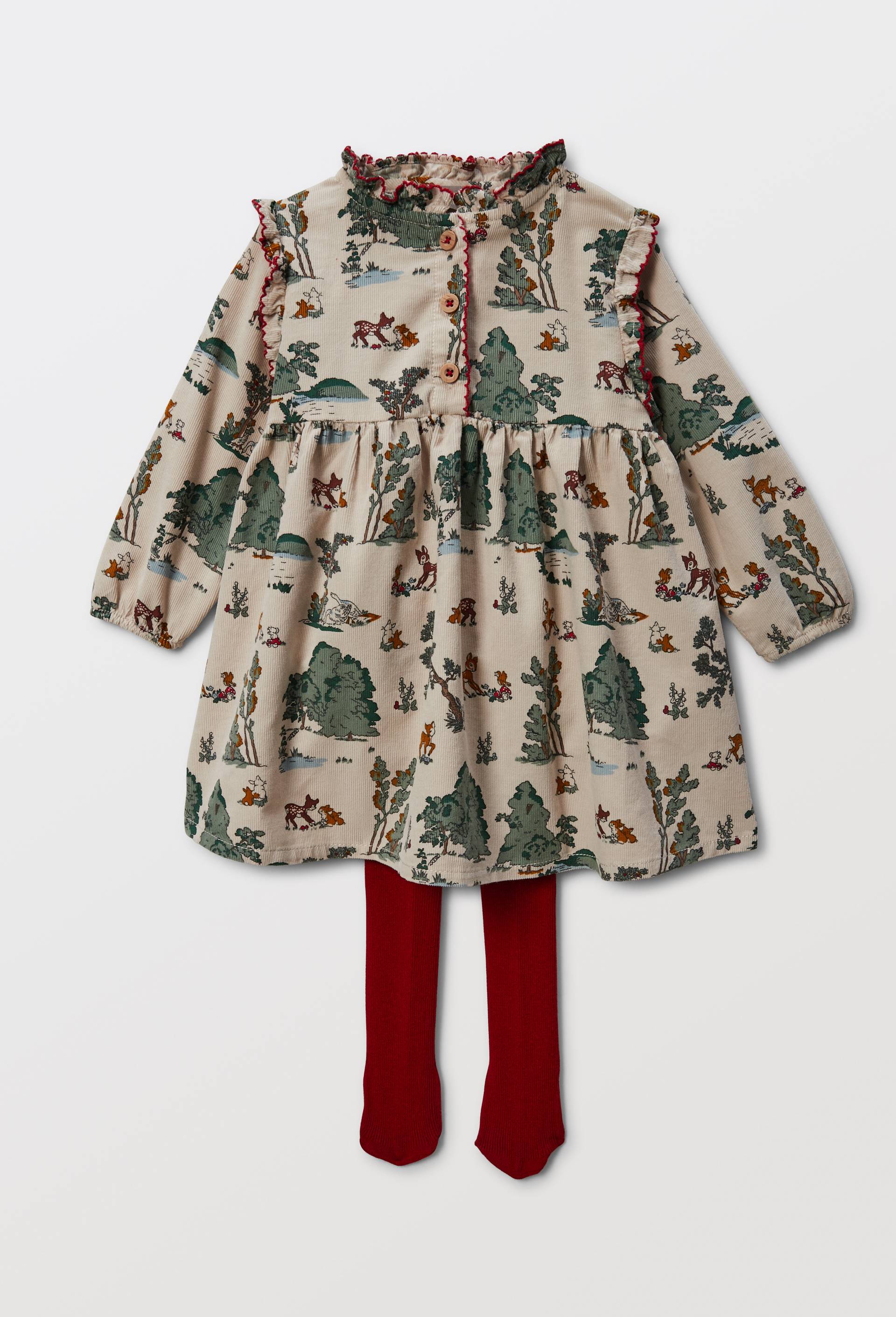 Robe imprim&eacute;e en velours en coton BIO GOTS avec collant, Beige, large image number 0