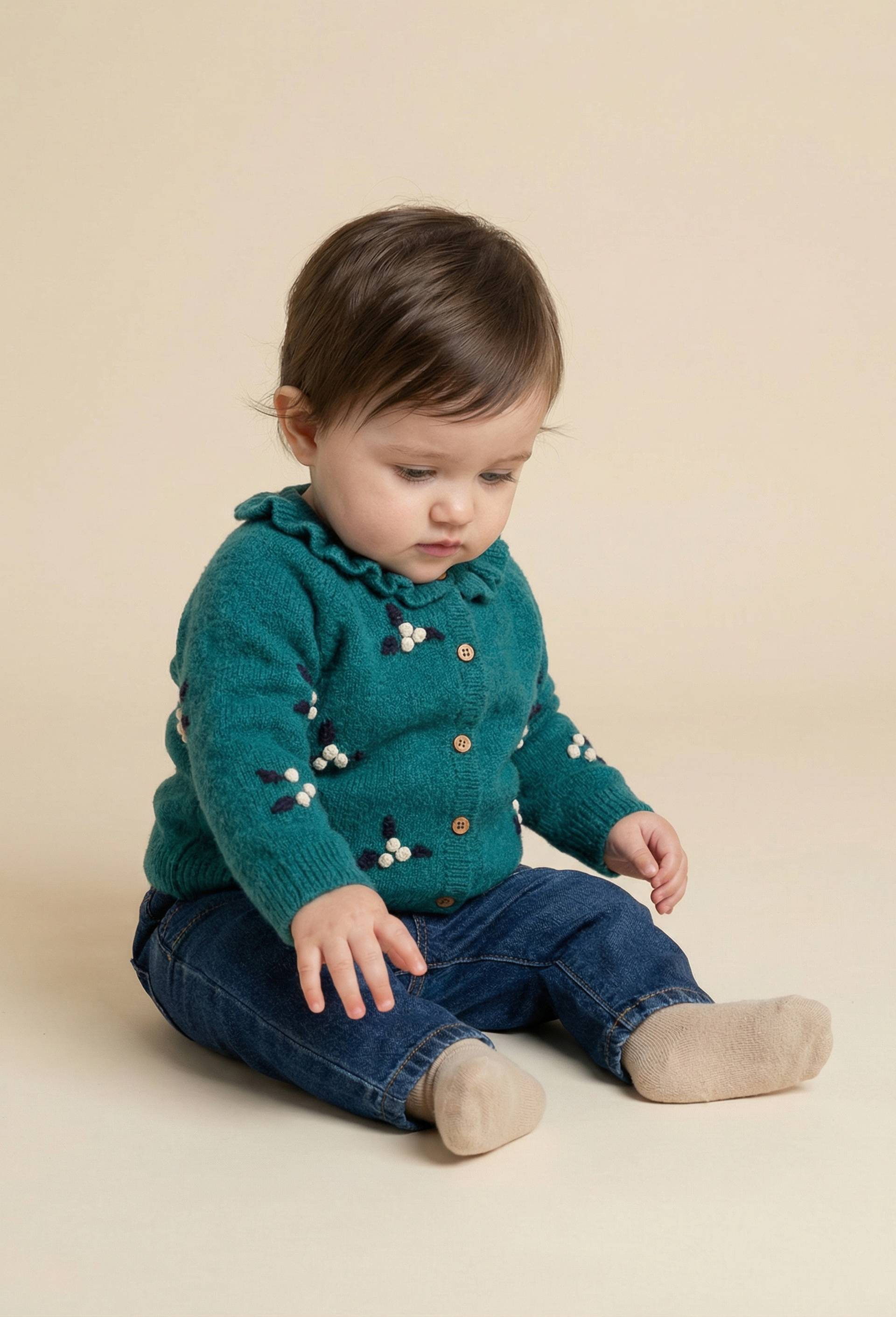 Cardigan tricot brod&eacute;, Vert fonc&eacute;, large image number 0
