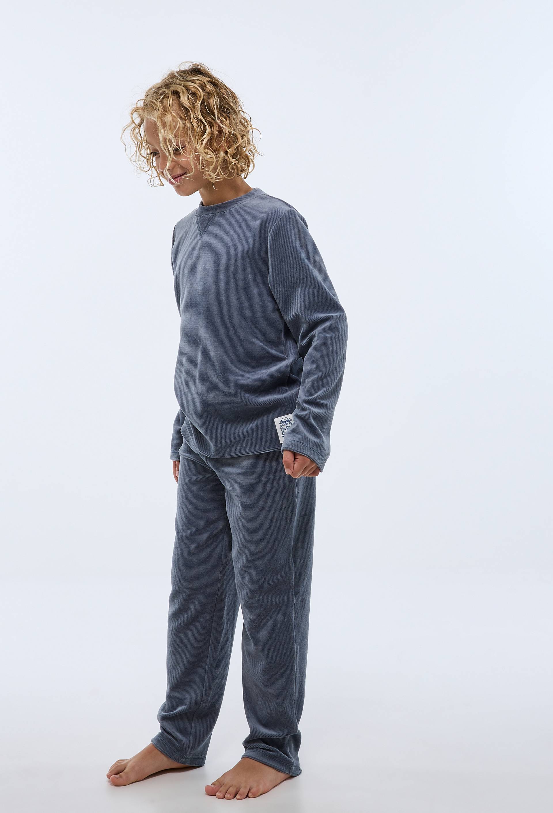 Pyjama velours c&ocirc;tel&eacute; manches longues uni contenant du coton, Bleu, swatch image