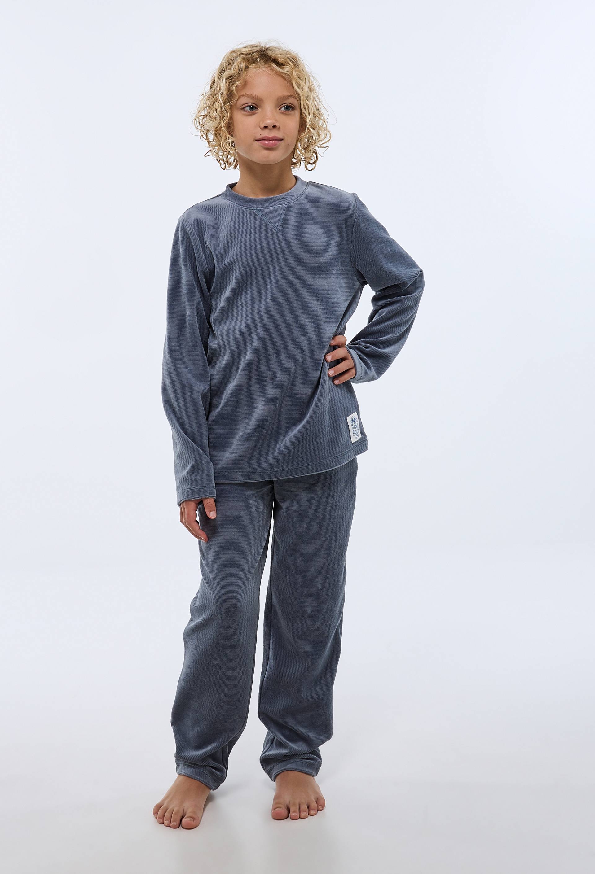 Pyjama velours c&ocirc;tel&eacute; manches longues uni contenant du coton, Bleu, large image number 1