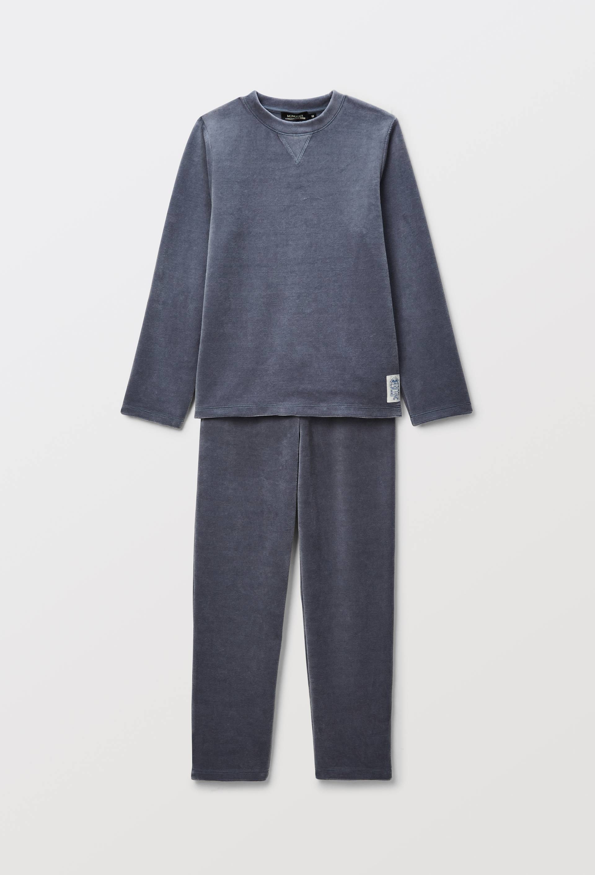 Pyjama velours c&ocirc;tel&eacute; manches longues uni contenant du coton, Bleu, large image number 2