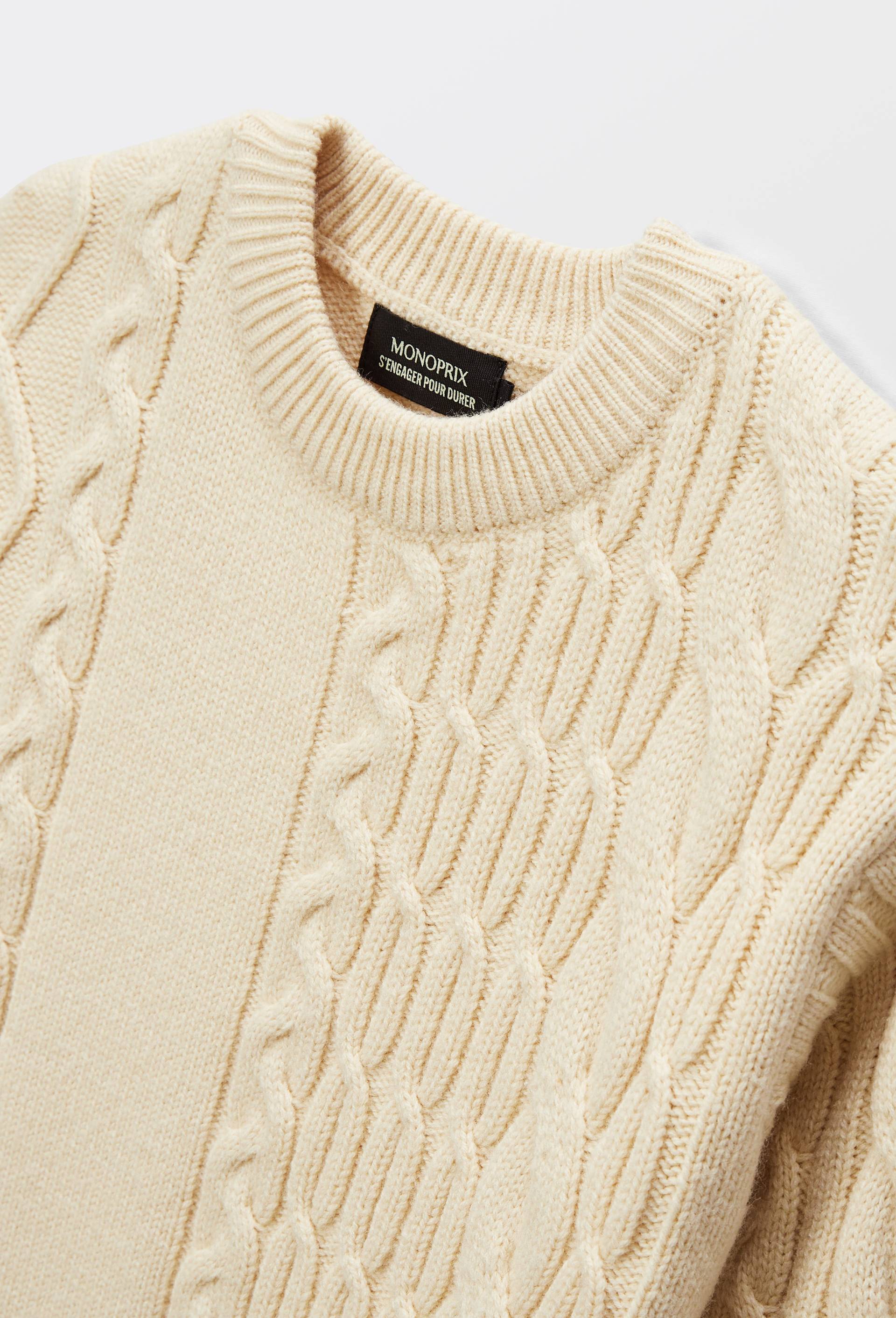 Pull col rond &agrave; torsade contenant de la laine, Beige clair, large image number 3
