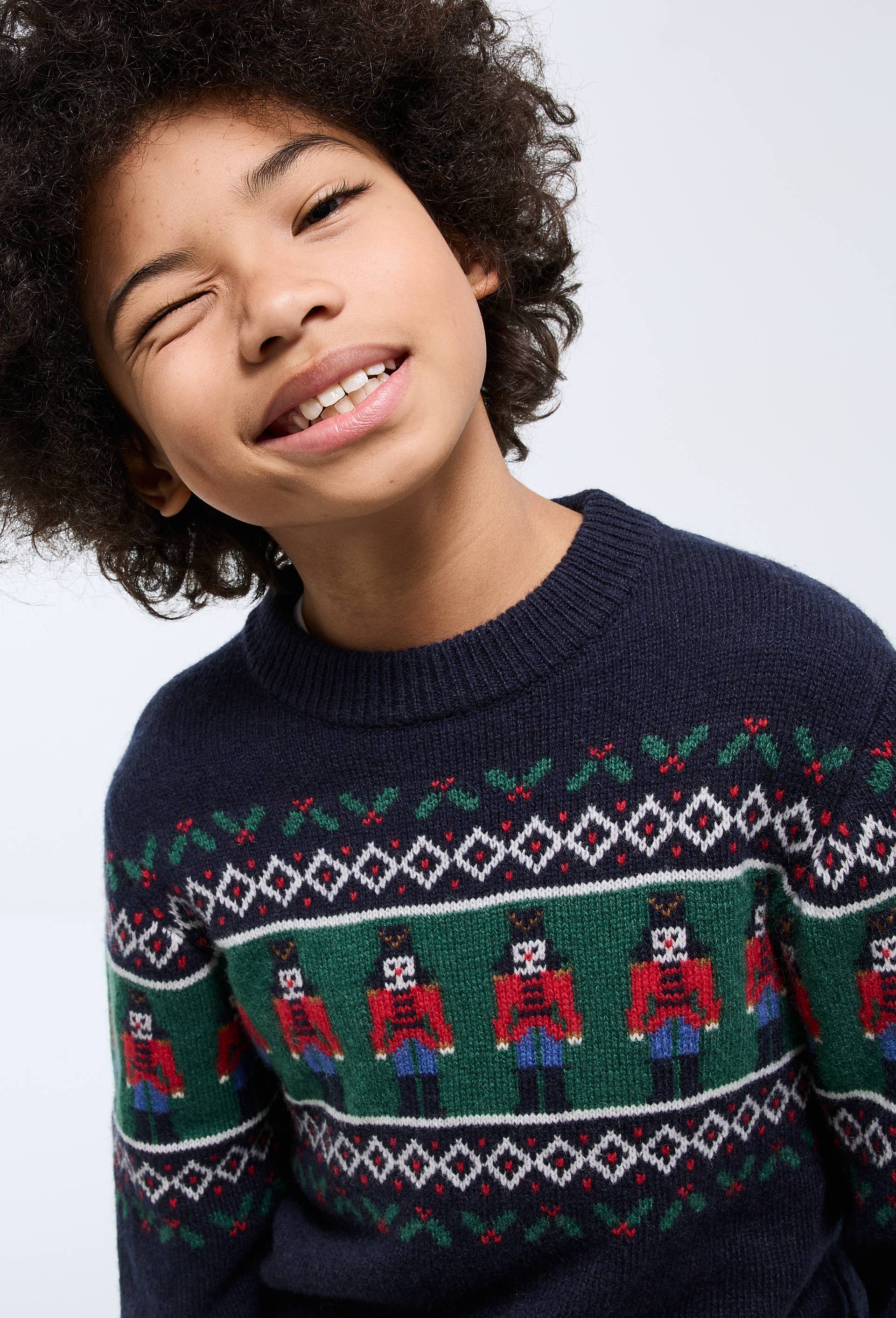 Pull col rond jacquard contenant de la laine BLEU FONCE pour enfant MONOPRIX