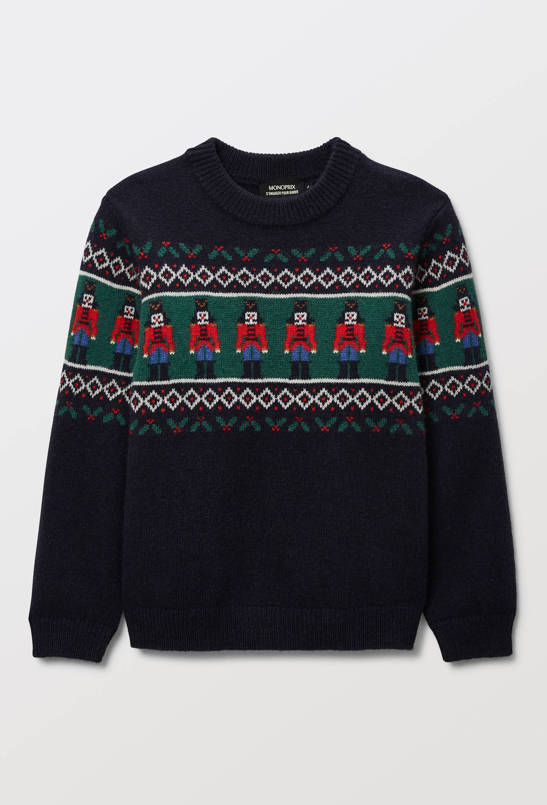 Pull col rond jacquard contenant de la laine, Bleu fonc&eacute;, large image number 1