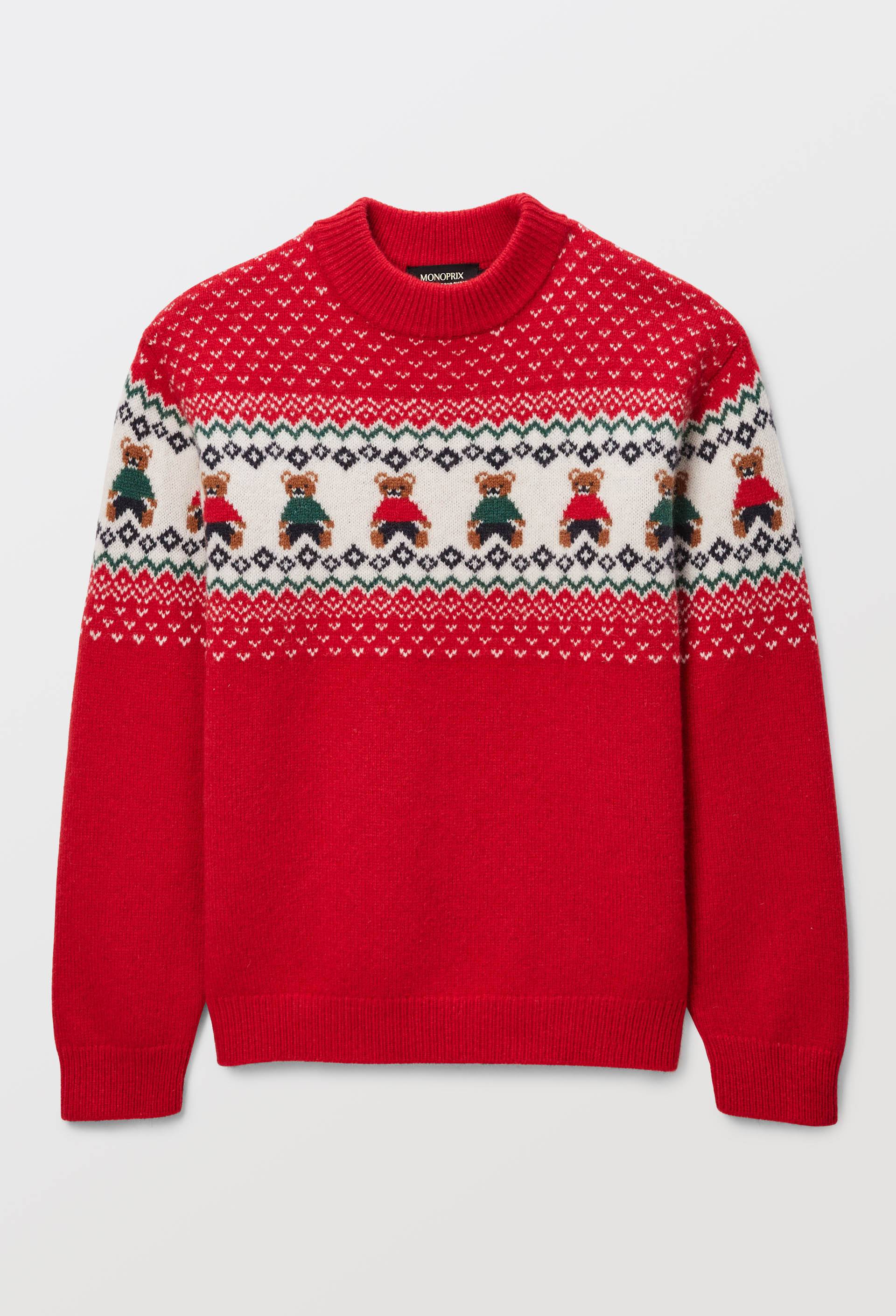 Pull col rond jacquard contenant de la laine, Rouge, large image number 0