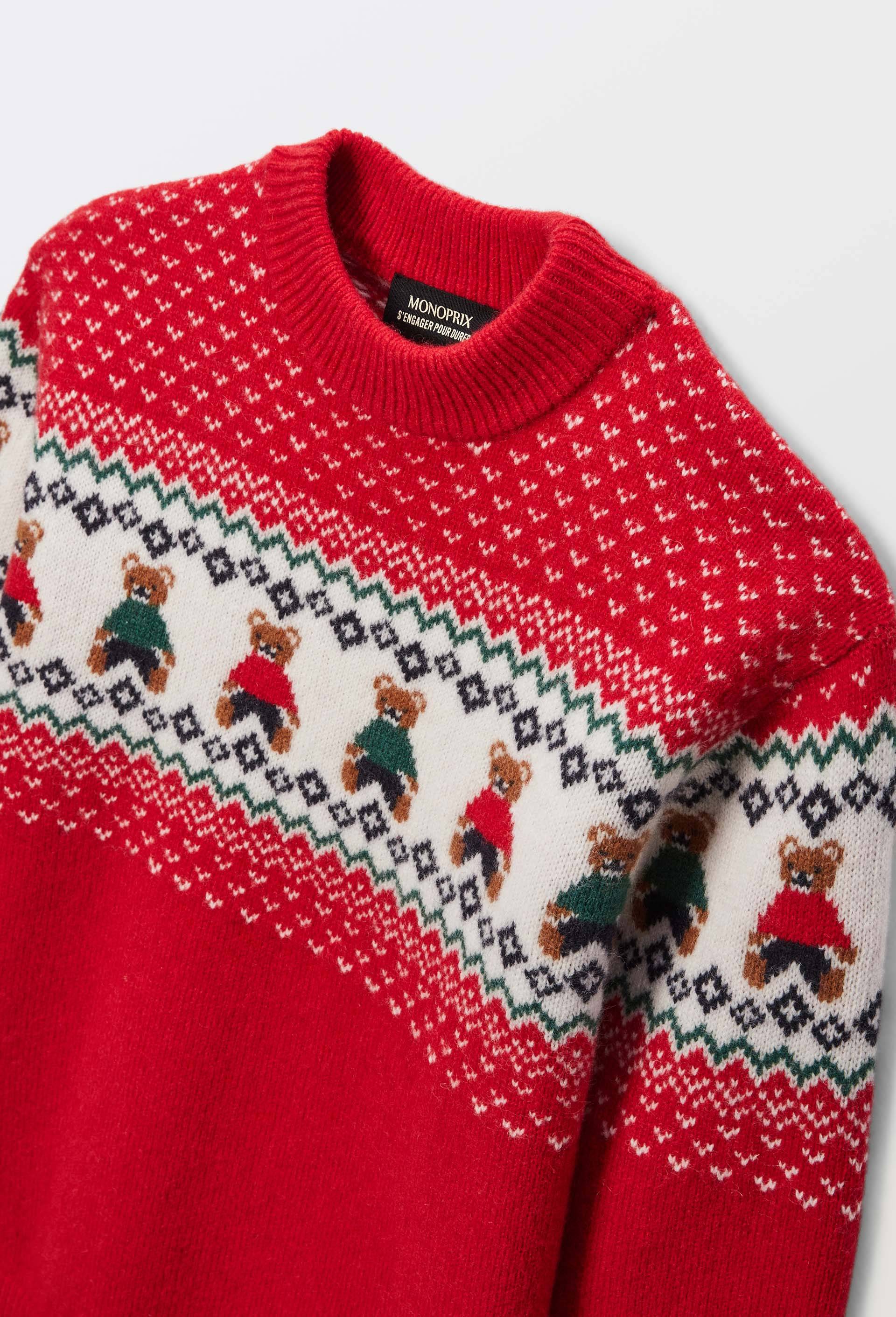Pull col rond jacquard contenant de la laine, Rouge, large image number 2.0