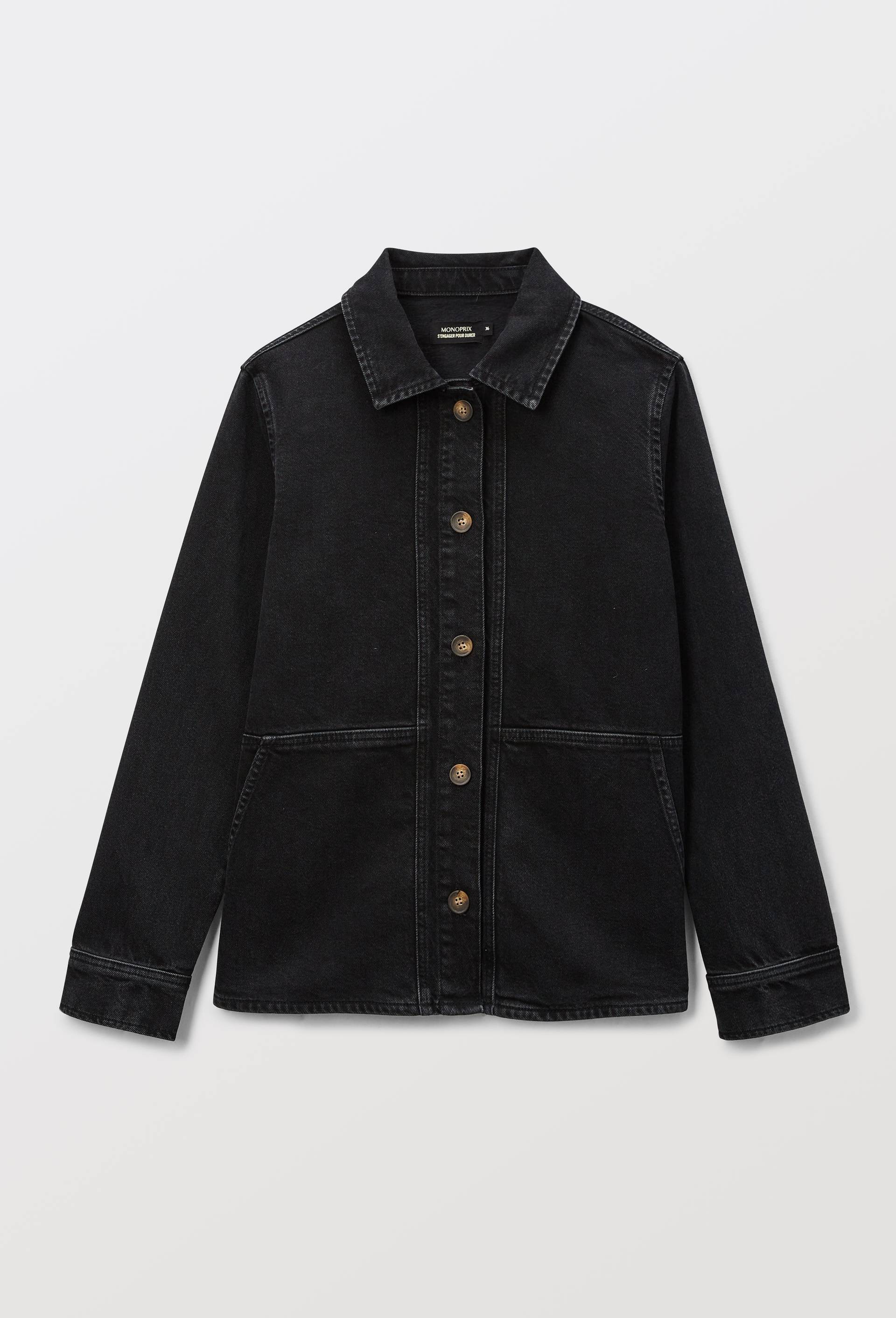 Veste courte boutonn&eacute;e en denim, Noir, large image number 2