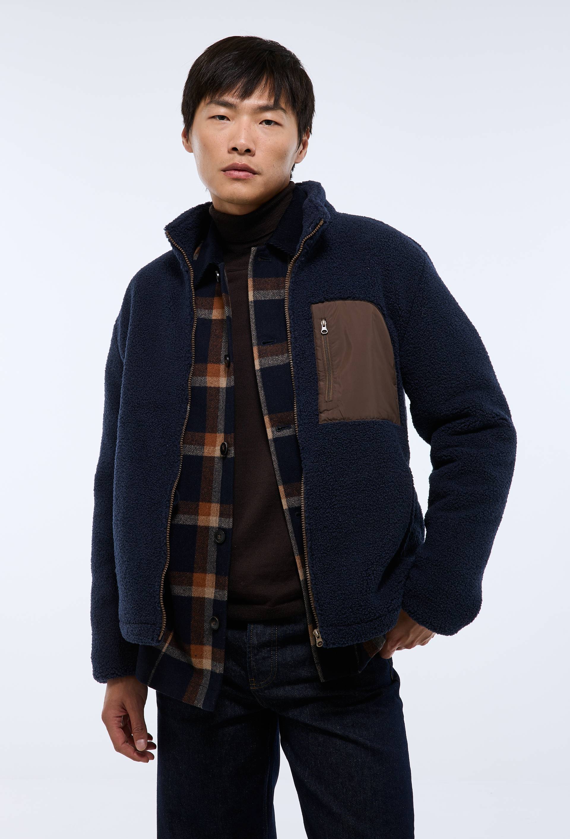 Veste sherpa manches longues zipp&eacute;e, Bleu fonc&eacute;, swatch image