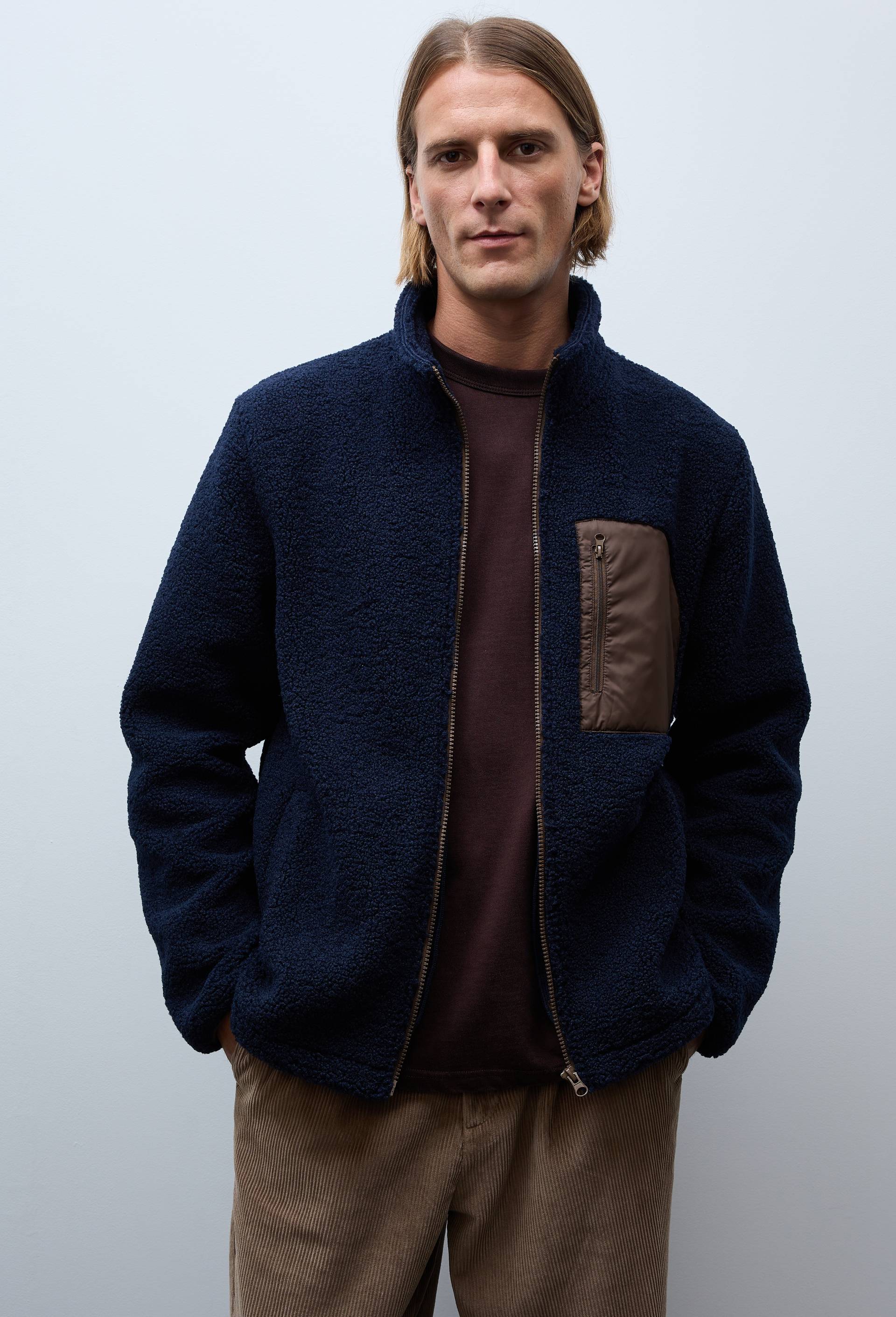 Veste sherpa manches longues zipp&eacute;e, Bleu fonc&eacute;, swatch image