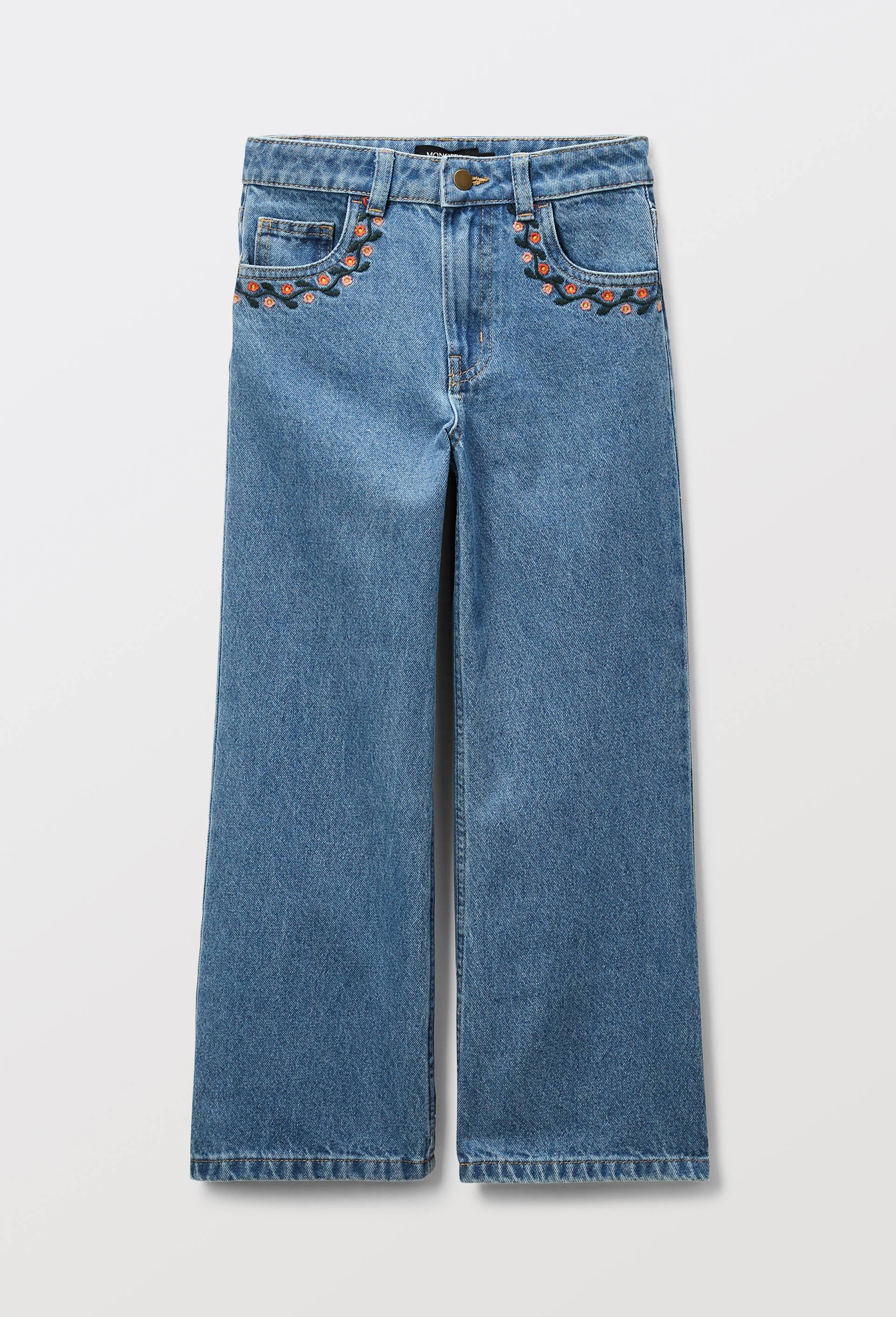 Jean large brod&eacute;, Bleu fonc&eacute;, large image number 2