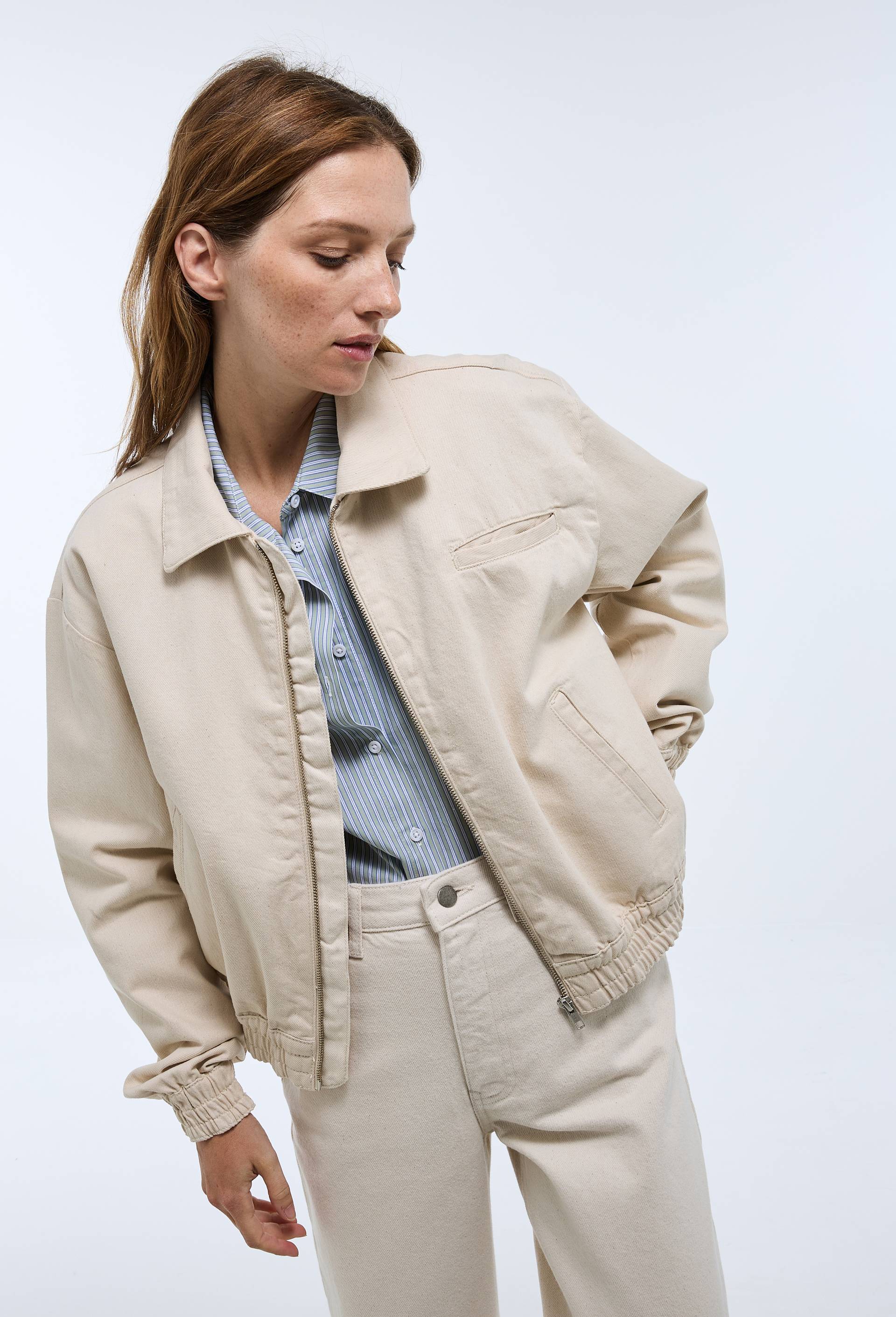 Blouson zipp&eacute; en denim, Ecru, large image number 0