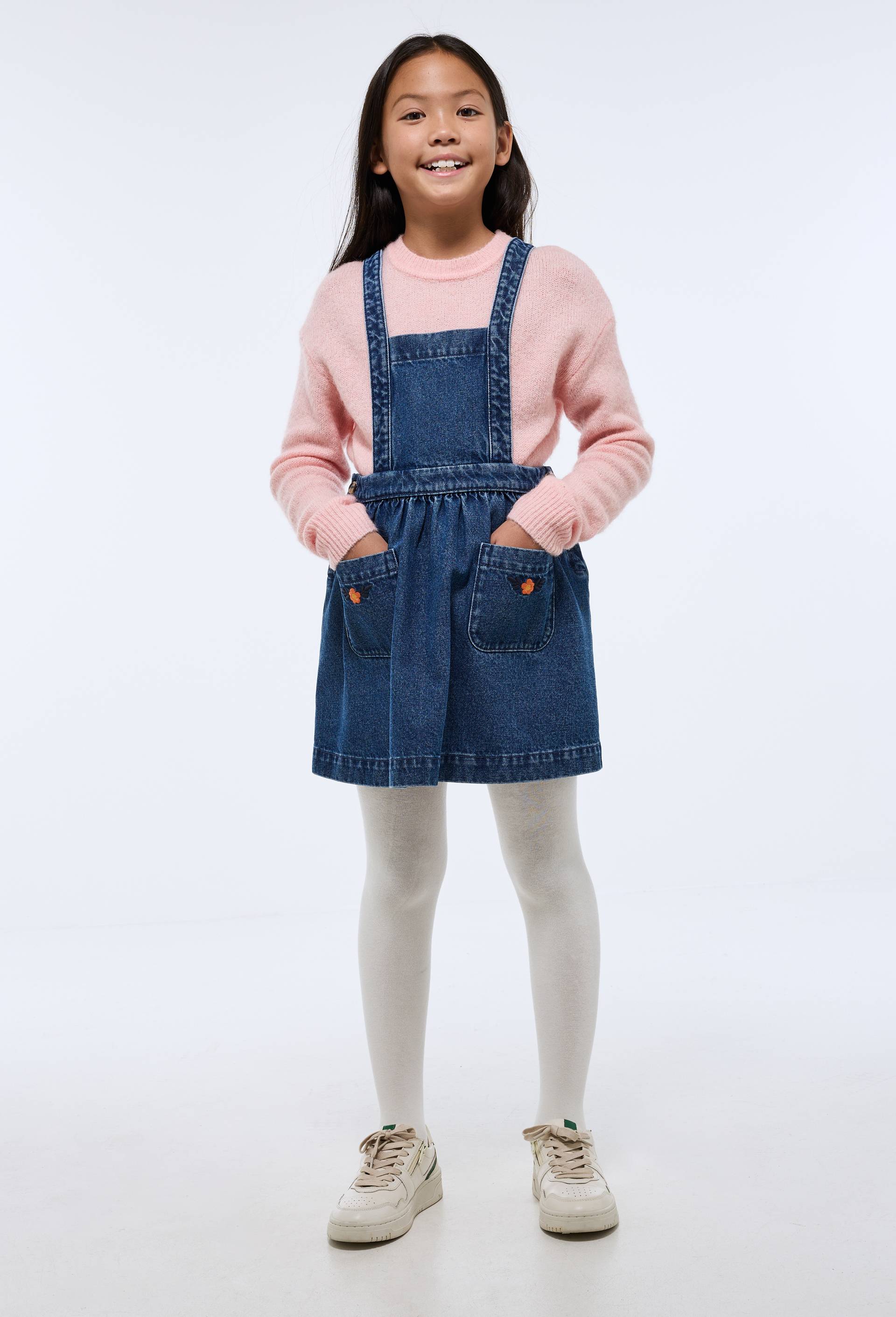 Robe chasuble brod&eacute;e en jean, Bleu fonc&eacute;, large image number 0.0