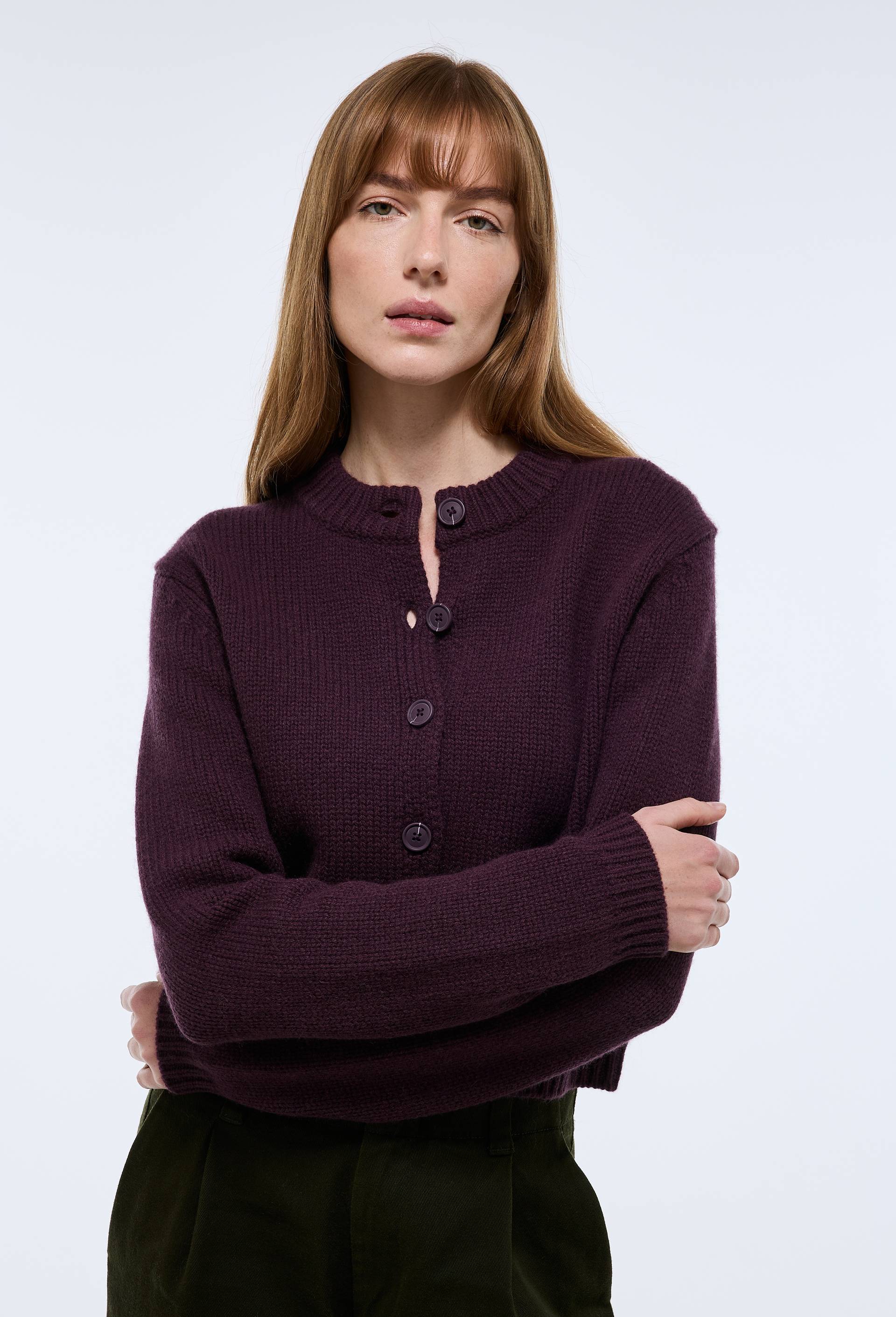 Cardigan manches longues en laine, Violet fonc&eacute;, large image number 0