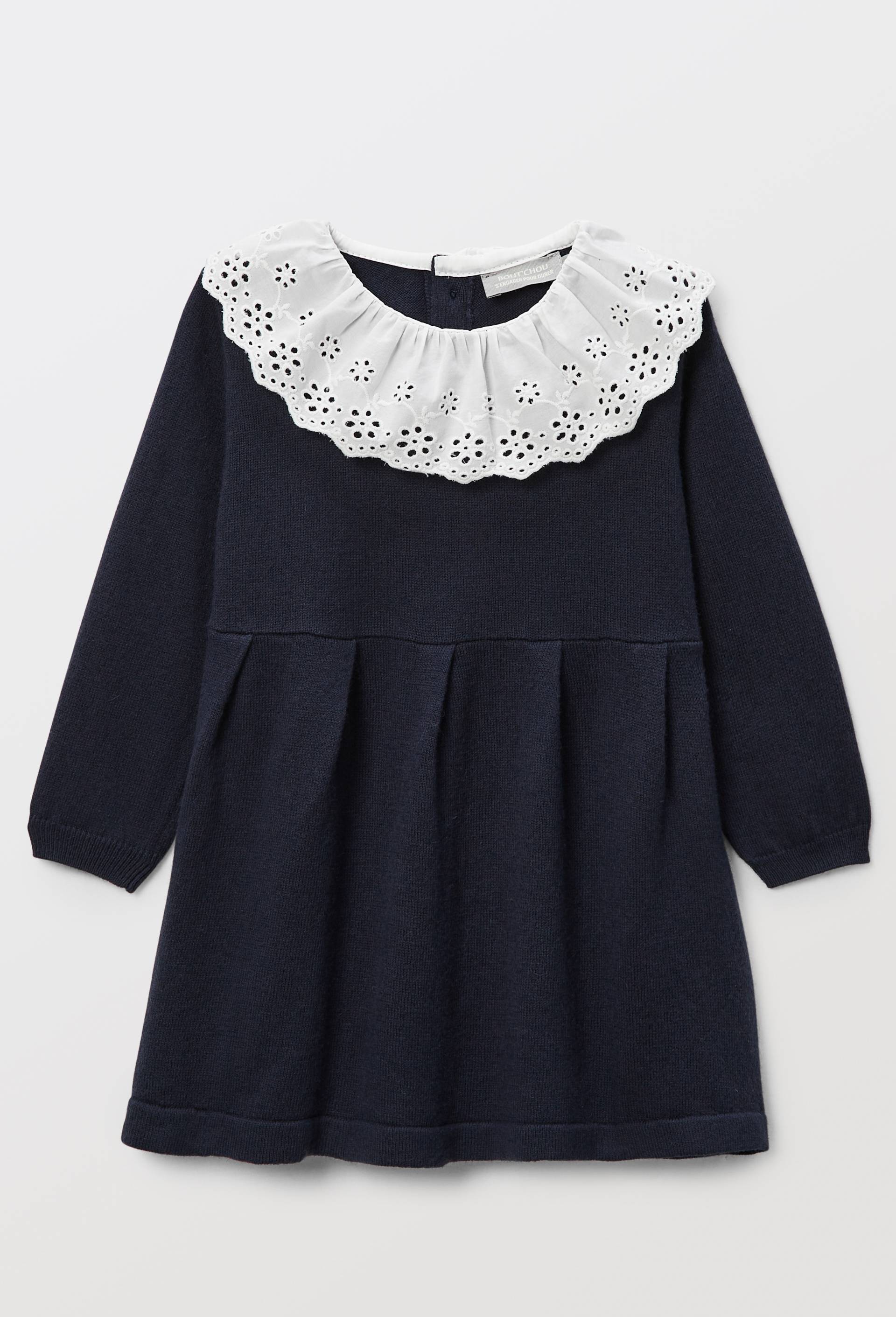Robe tricot &agrave; col unie contenant de la laine, Bleu fonc&eacute;, large image number 0