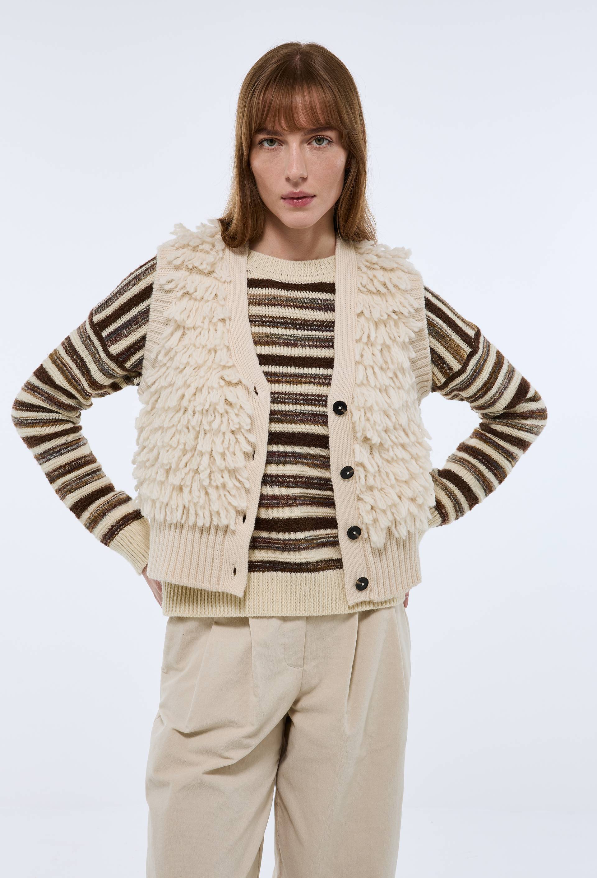 Gilet sans manches &agrave; bouclettes longues, Ecru, large image number 0