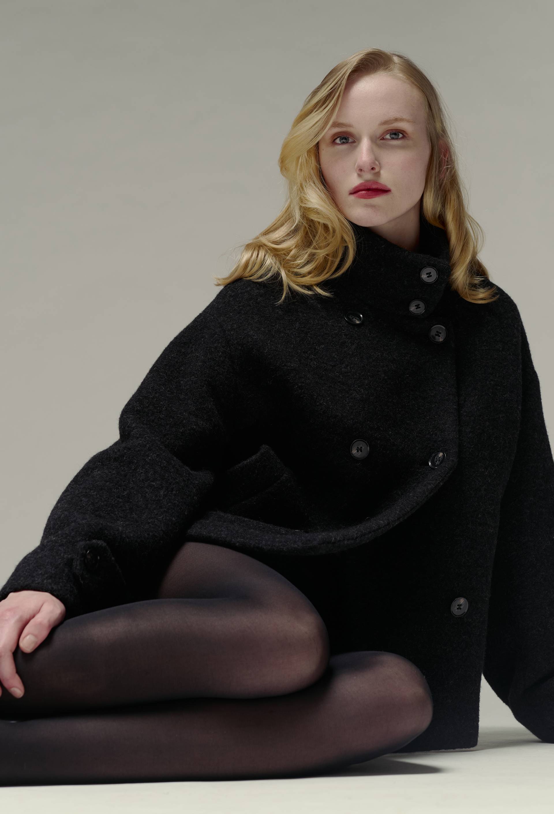 Manteau court crois&eacute; contenant de la laine, Gris fonc&eacute;, large image number 1.0