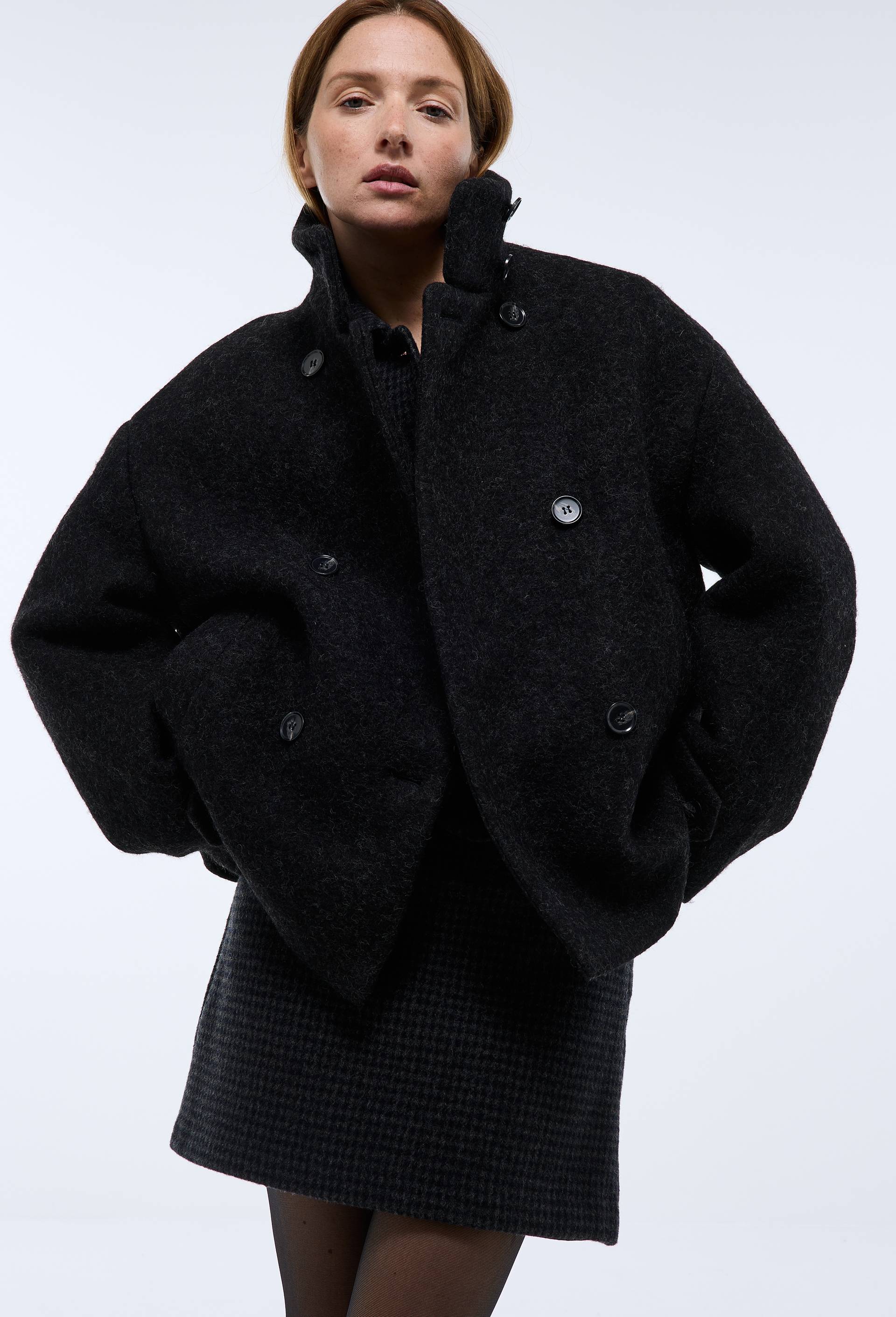 Manteau court crois&eacute; contenant de la laine, Gris fonc&eacute;, large image number 2