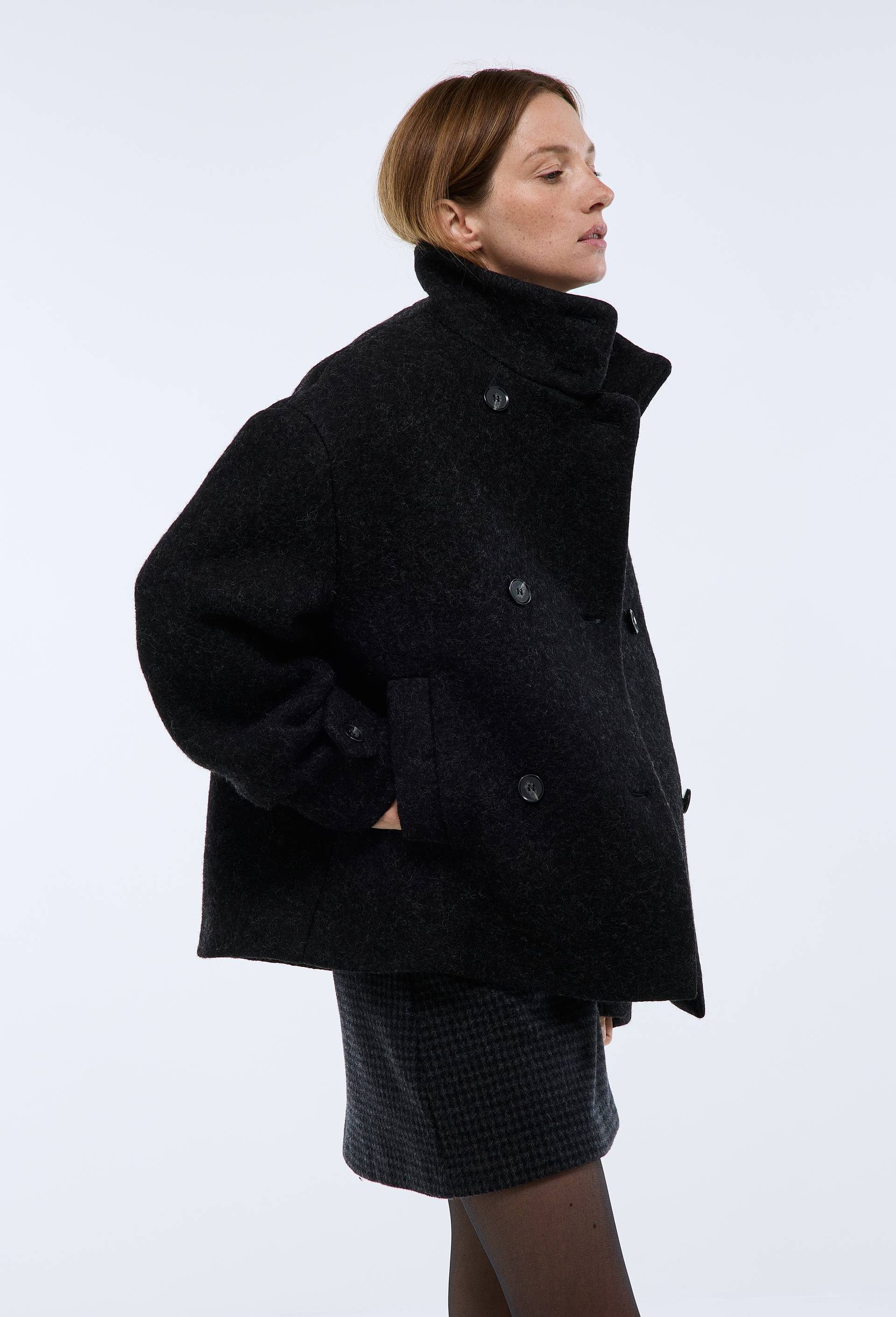 Manteau court crois&eacute; contenant de la laine, Gris fonc&eacute;, large image number 3