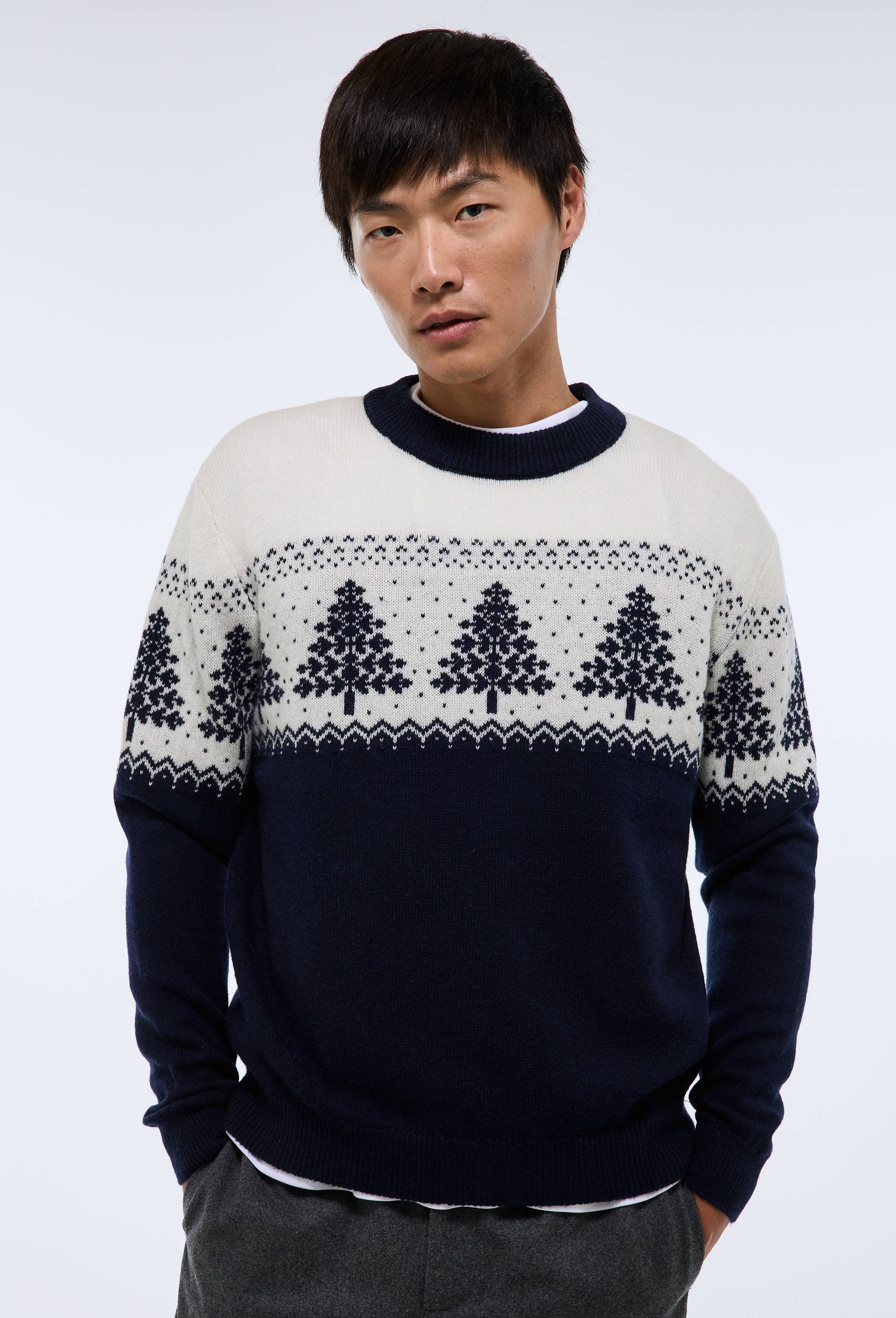 Pull de no&euml;l col rond contenant de la laine, Bleu fonc&eacute;, swatch image