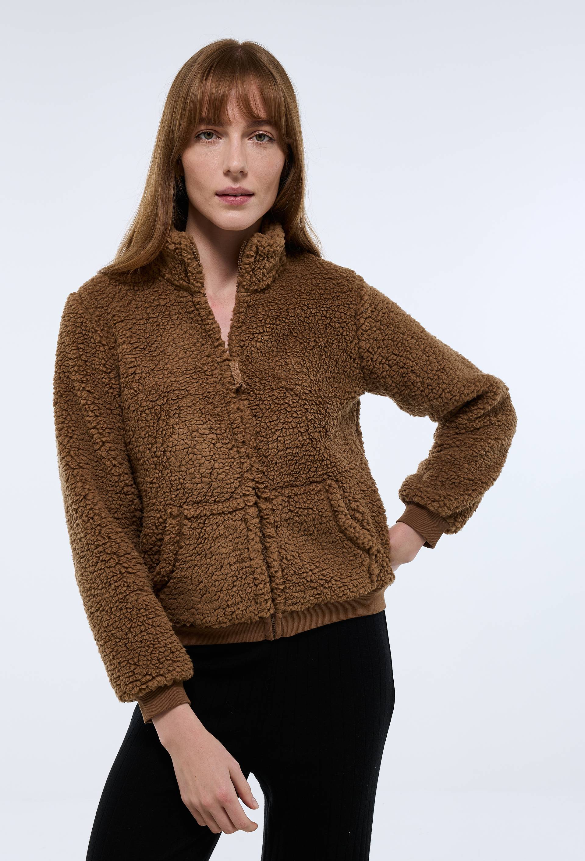 Veste zipp&eacute;e col montant en sherpa, Beige, swatch image