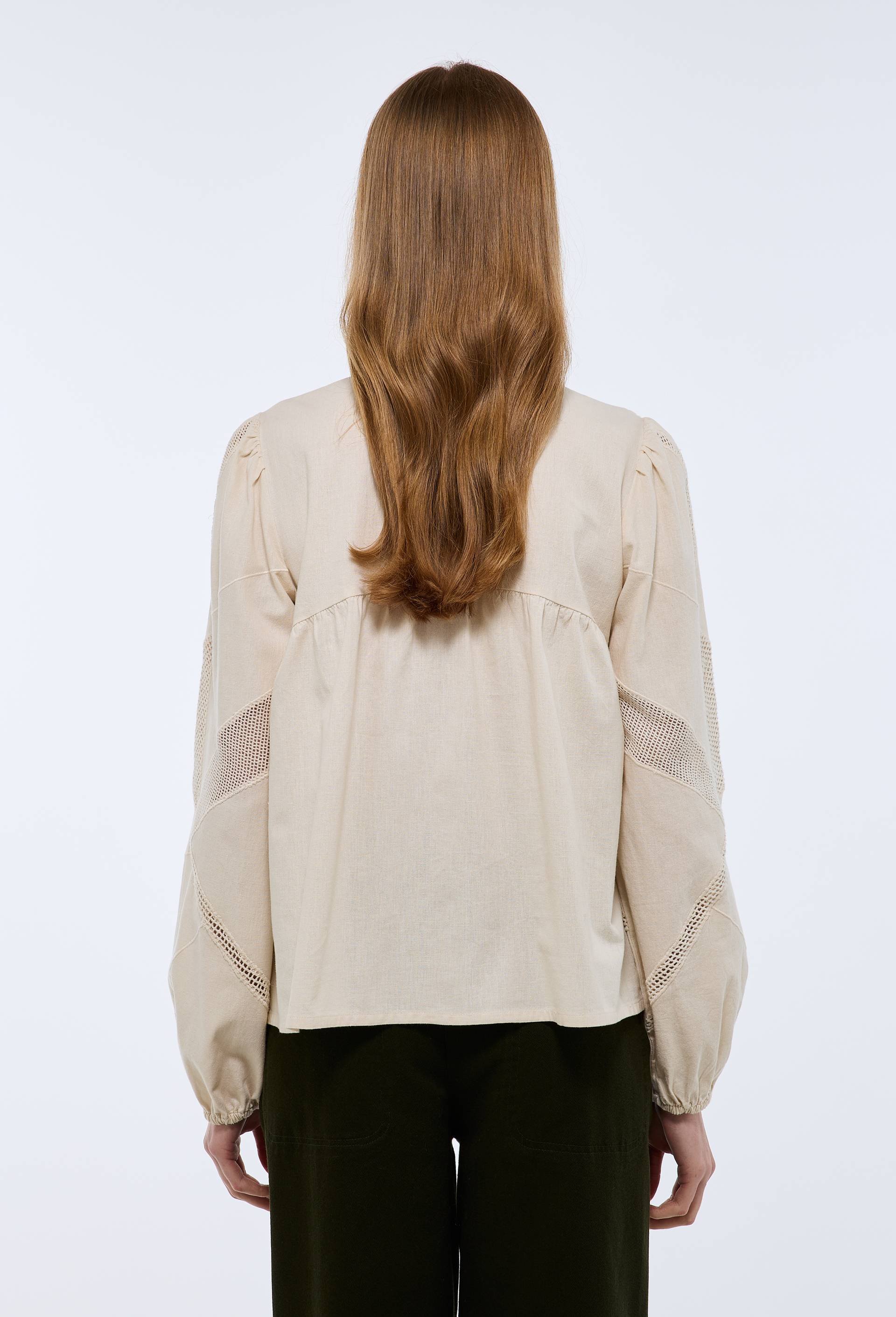 Blouse manches longues ajour&eacute; contenant du lin, Ecru, large image number 1