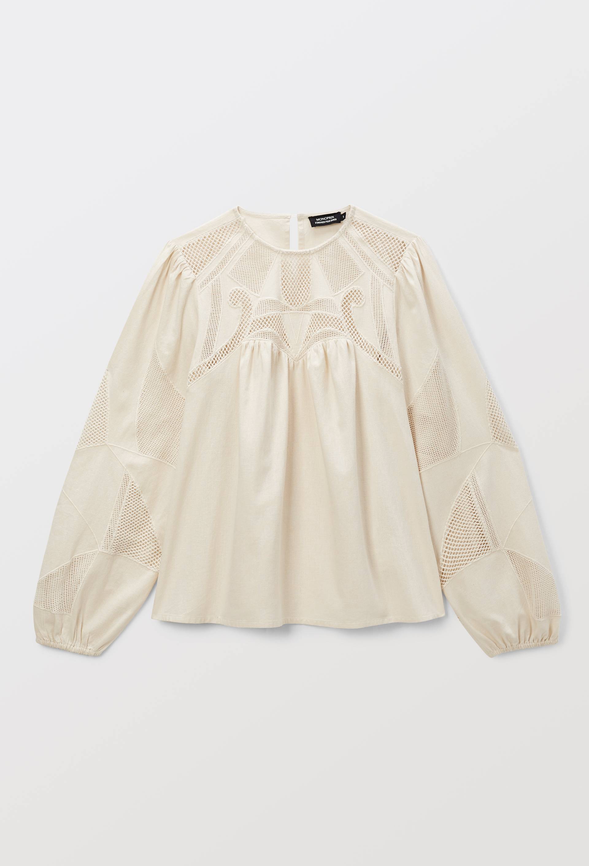 Blouse manches longues ajour&eacute; contenant du lin, Ecru, large image number 2