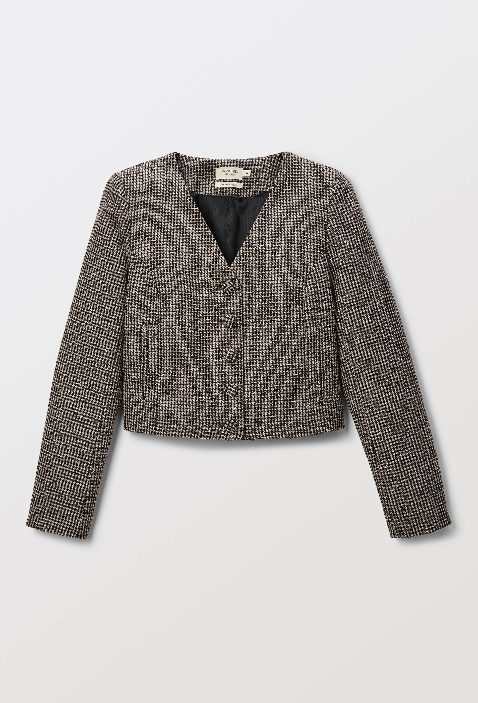 Veste courte &agrave; carreaux en laine m&eacute;lang&eacute;e, Beige, large image number 4.0
