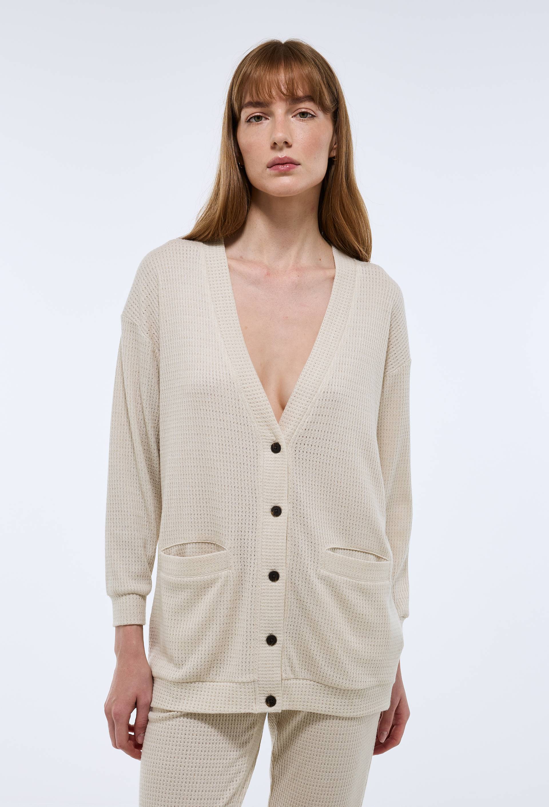 Cardigan uni en viscose m&eacute;lang&eacute;e, Ecru, large image number 0.0