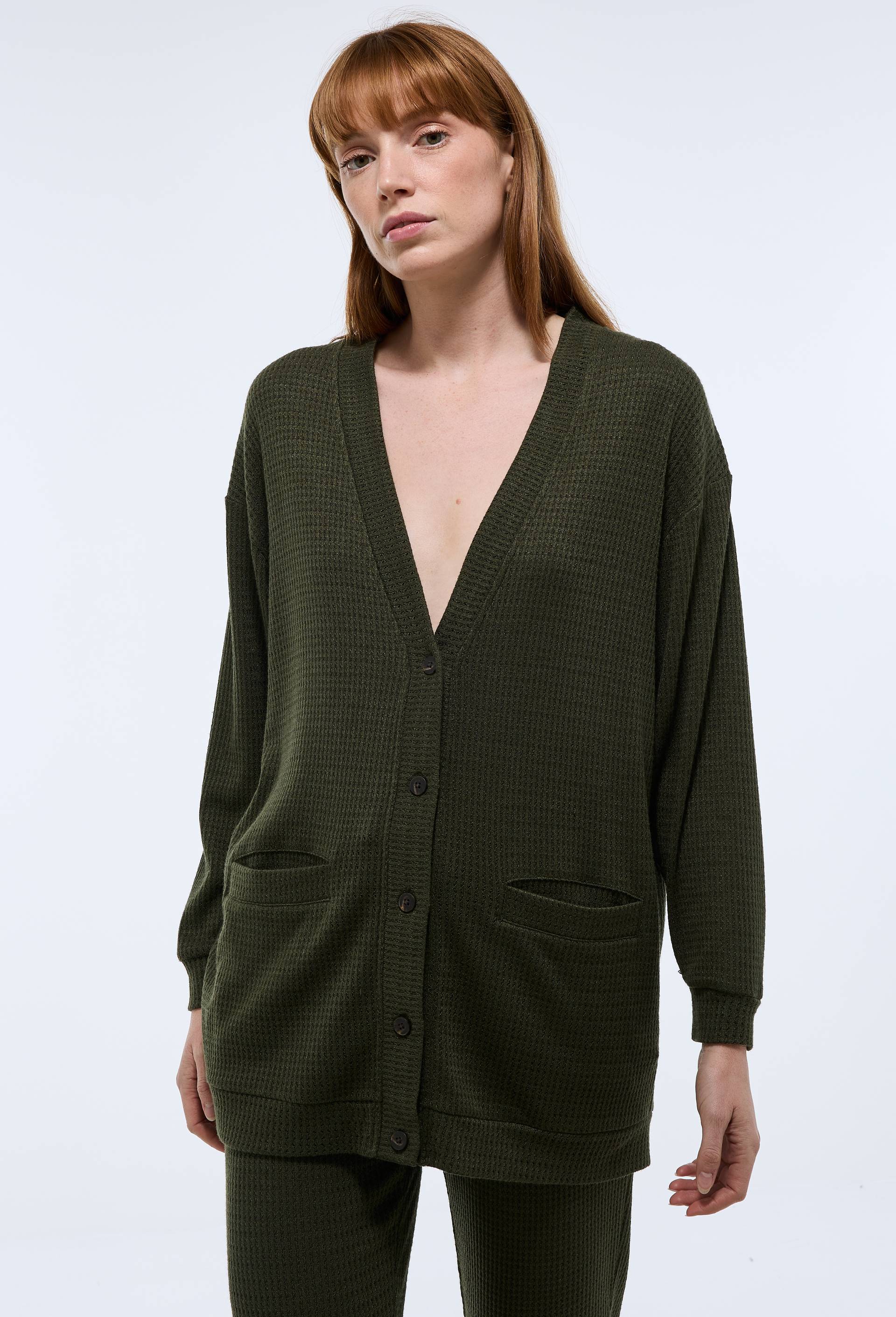 Cardigan uni en viscose m&eacute;lang&eacute;e, Vert fonc&eacute;, swatch image