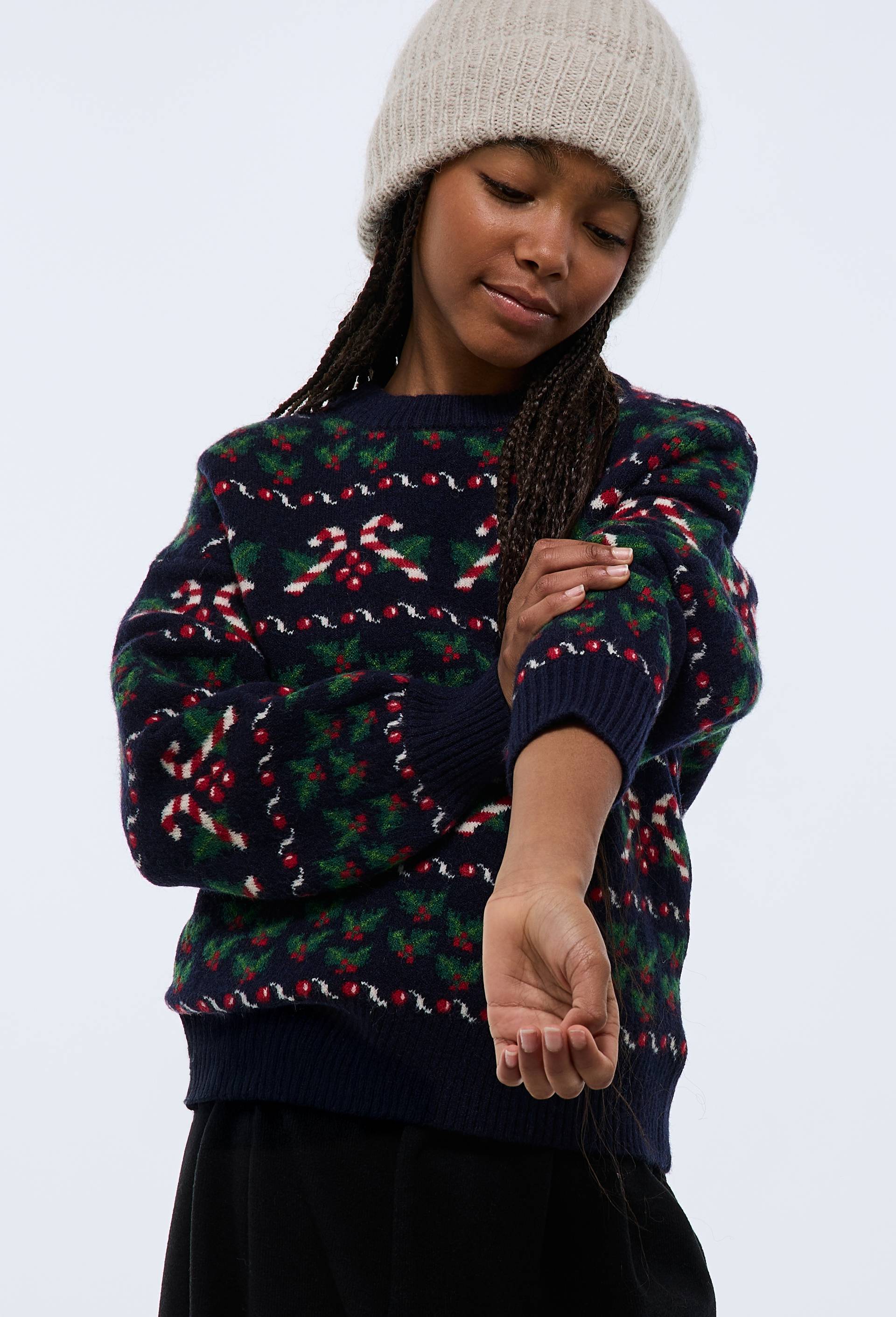 Pull jacquard contenant de laine, Bleu fonc&eacute;, large image number 1.0