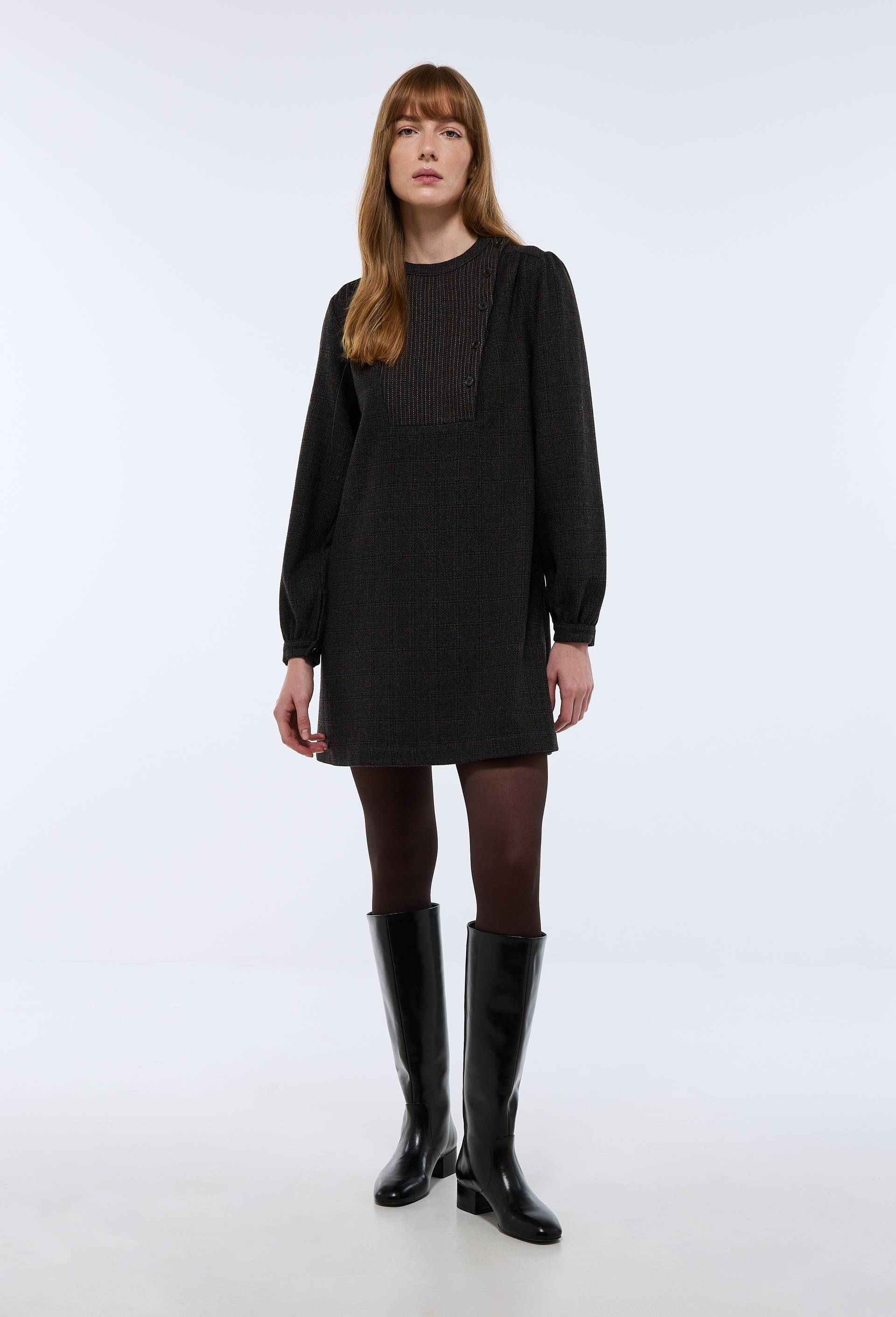 Robe courte manches longues contenant de la laine, Brun, large image number 1