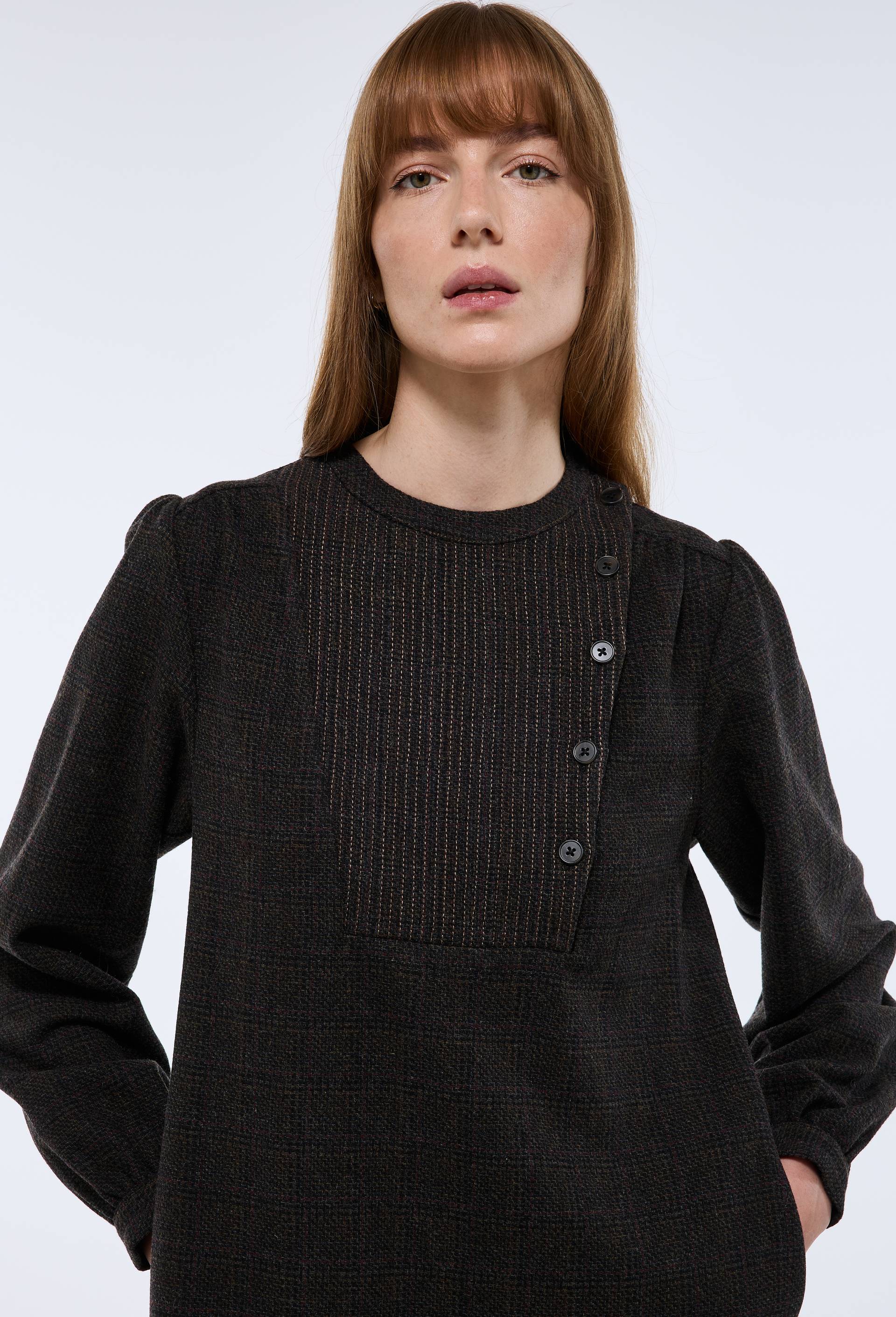 Robe courte manches longues contenant de la laine, Brun, large image number 2.0