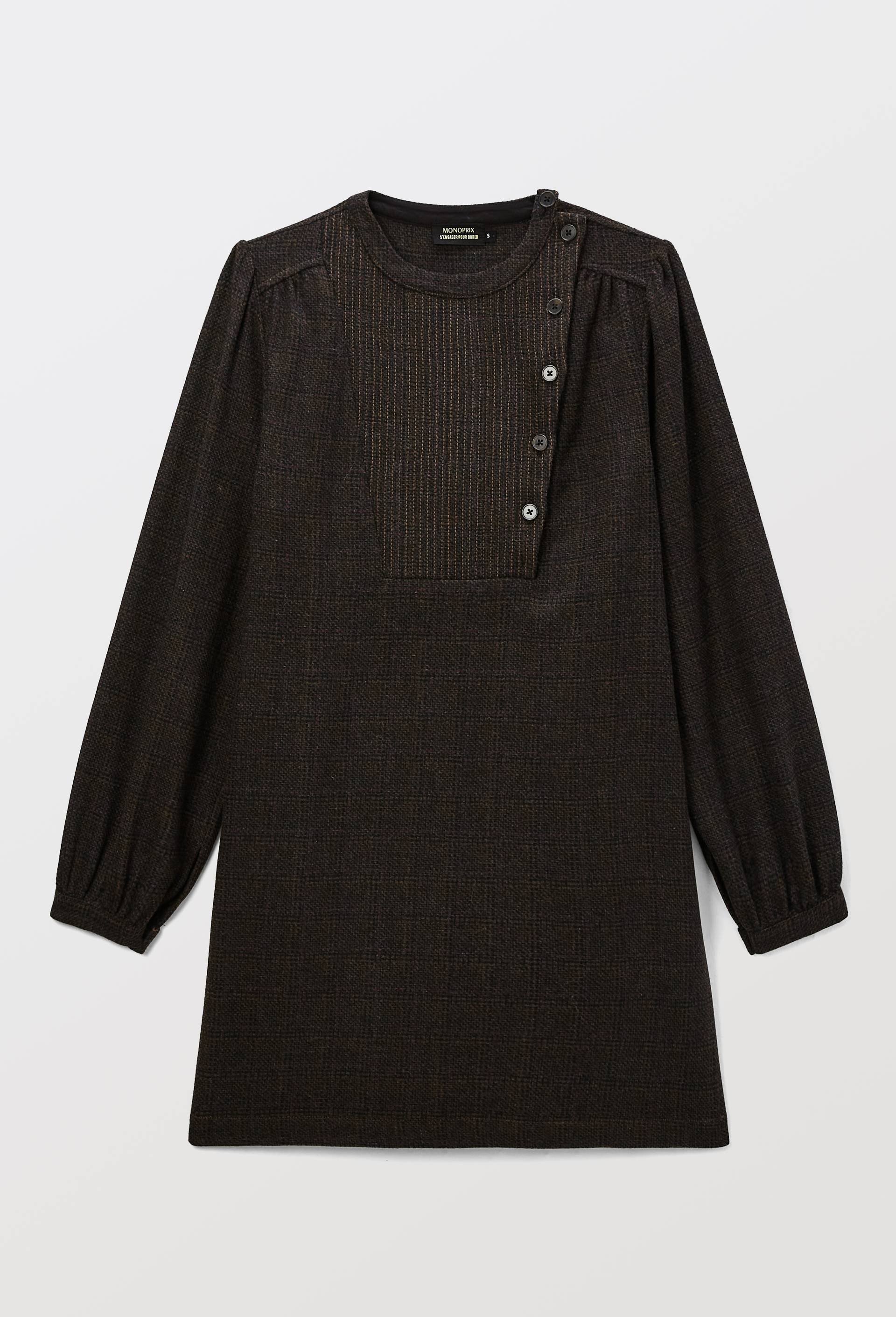 Robe courte manches longues contenant de la laine, Brun, large image number 4