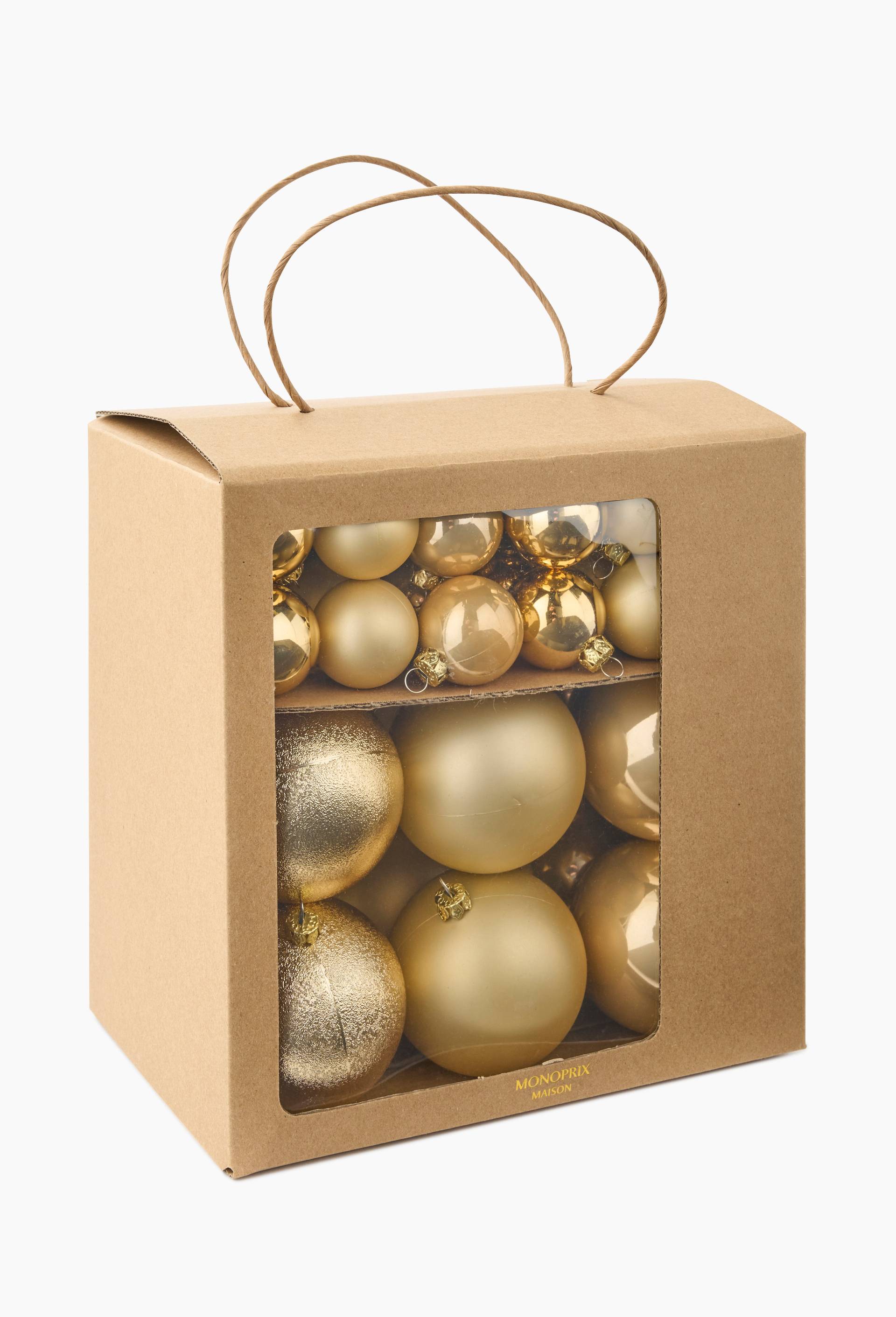 Assortiment 60 boules de No&euml;l, en plastique, Jaune clair, large image number 1