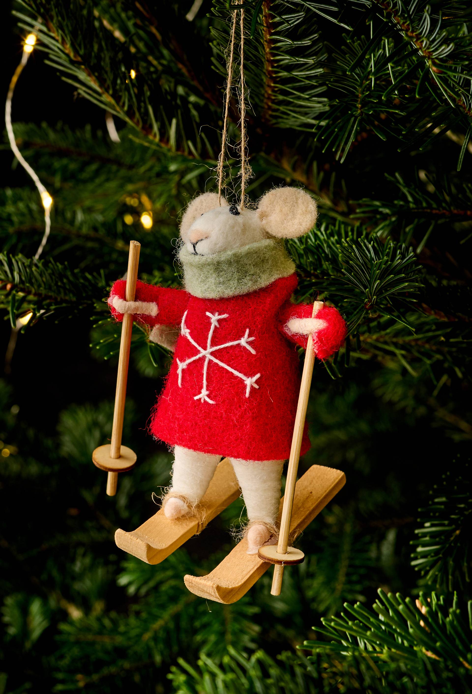 Ornement souris en ski, 11cm, en laine, Rouge, large image number 0.0
